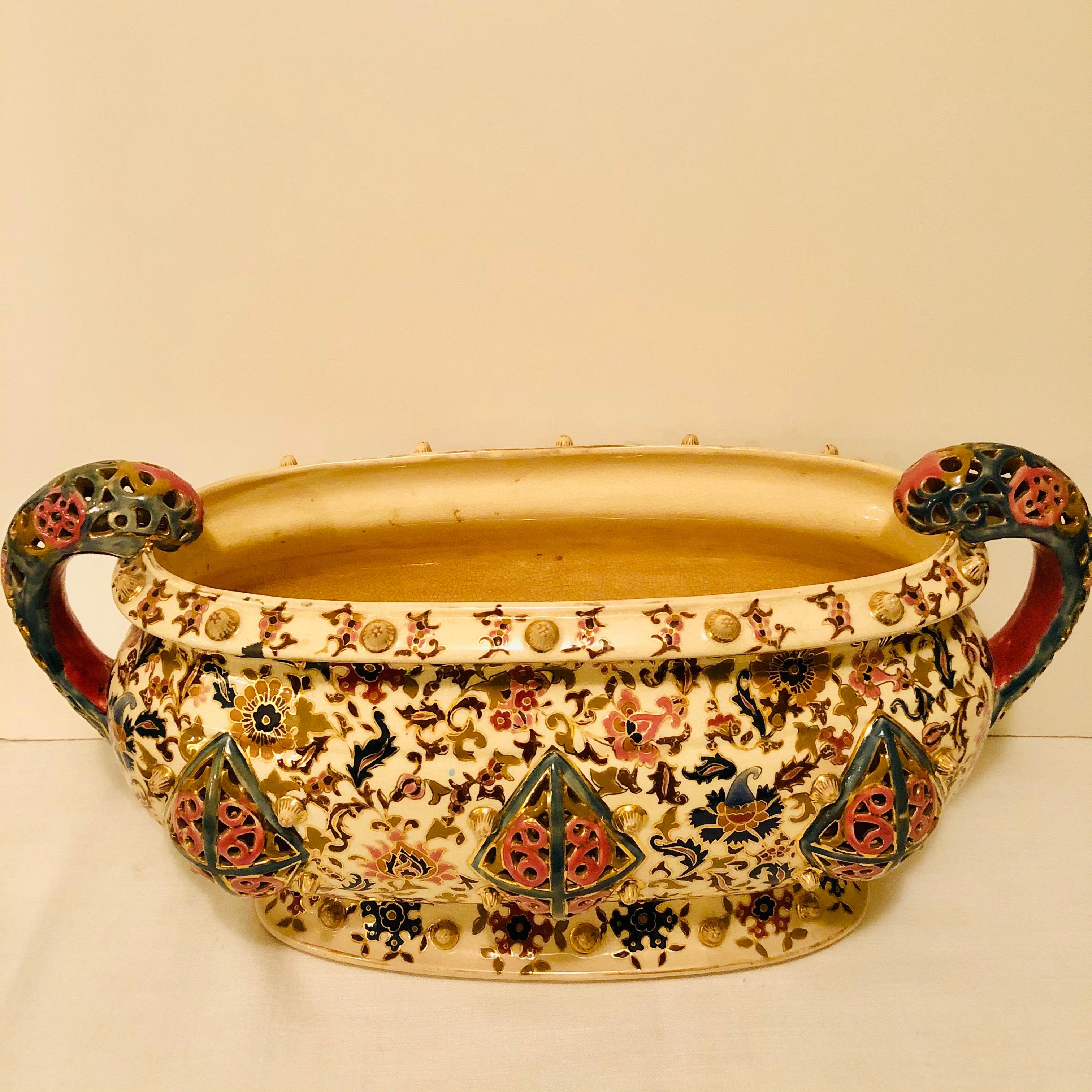 Hand-Painted Fischer Budapest Centerpiece with Reticulated Handles and Panels & Bright Colors