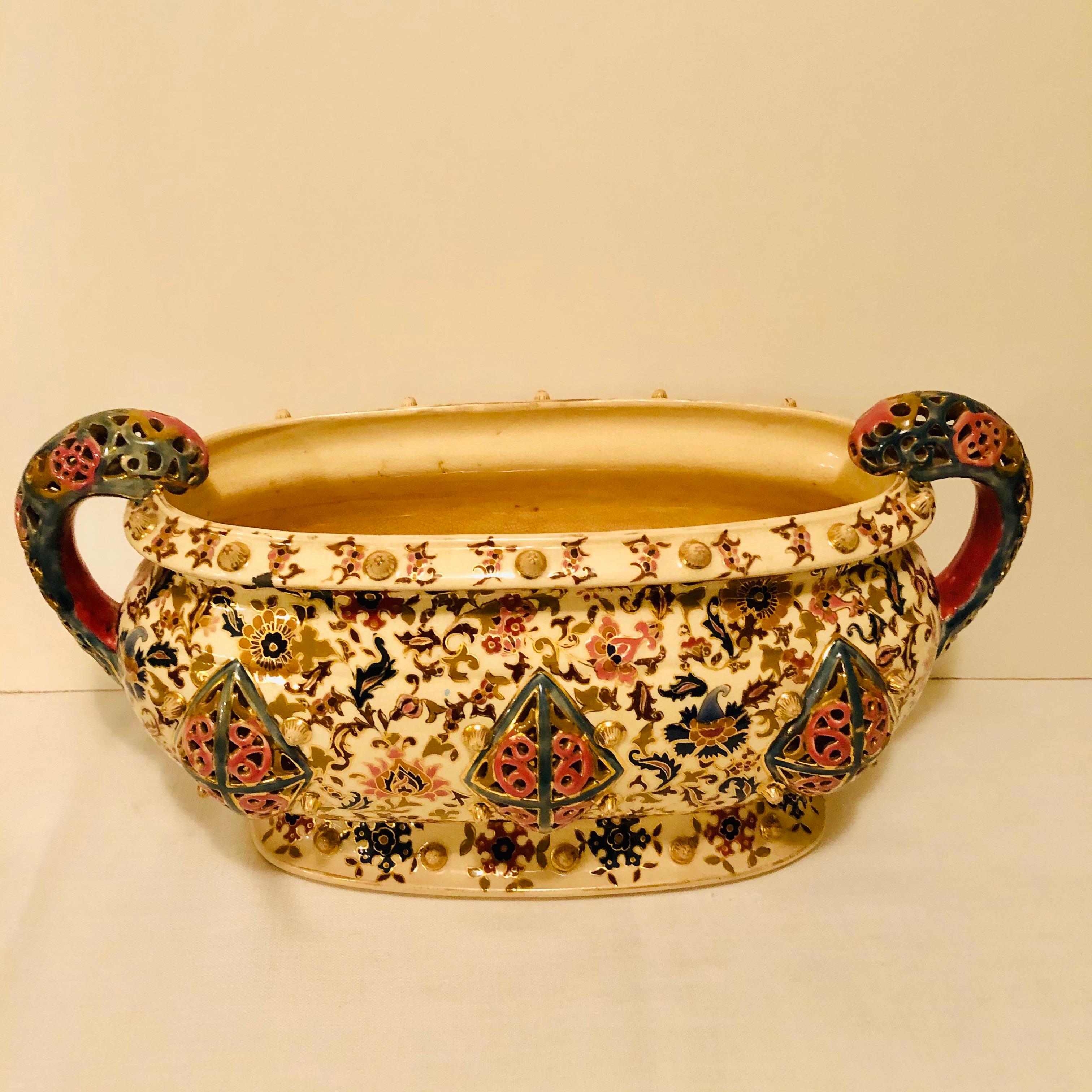 Fischer Budapest Centerpiece with Reticulated Handles and Panels & Bright Colors In Good Condition In Boston, MA