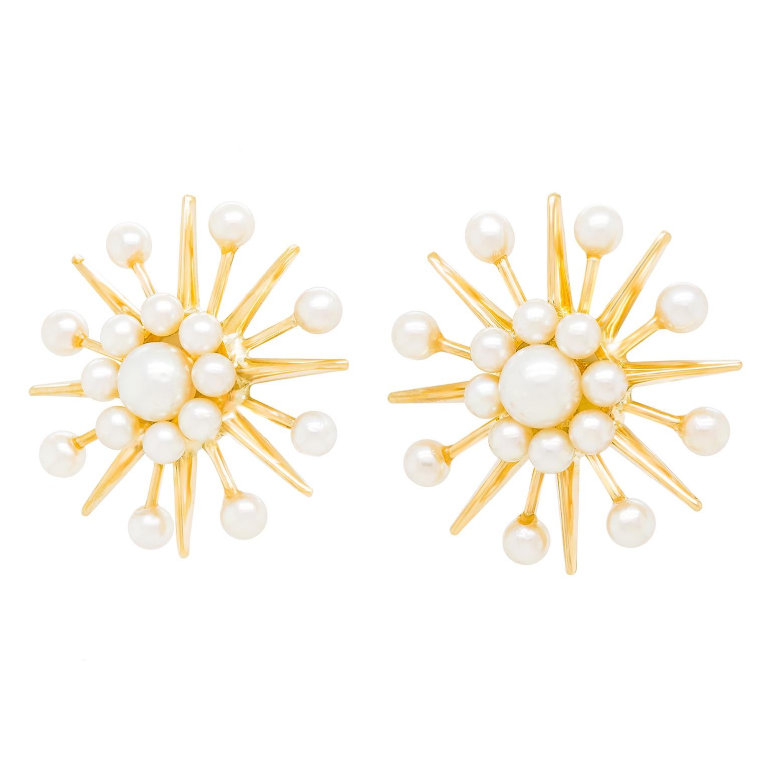 Bead Fischer & Co. Sixties Pop Art Atomic Style Pearl-Set Gold Earrings