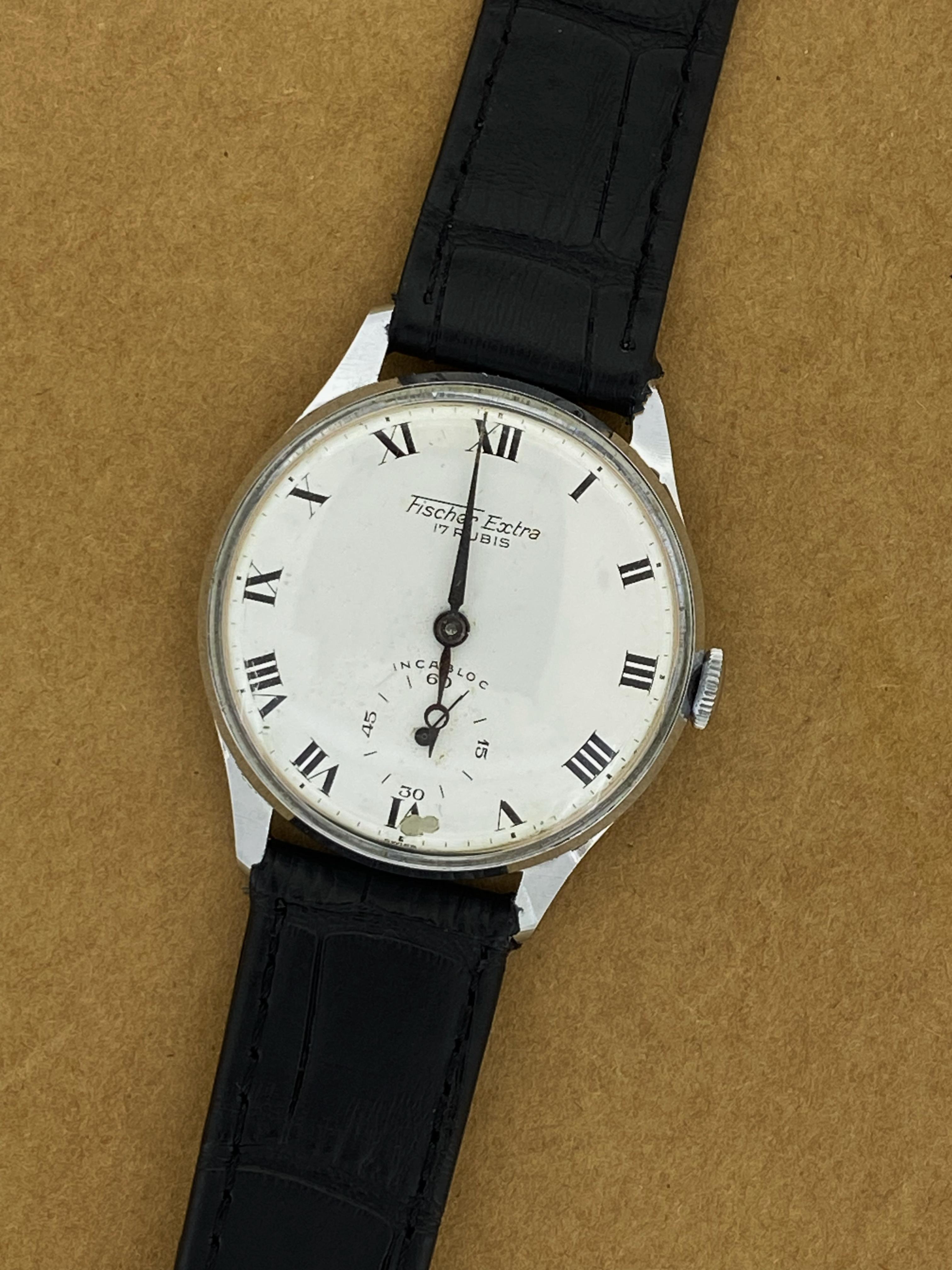 Retro Fischer Extra Incabloc S/Steel Manual 17 Rubis Porcelain Dial 35mm Mens' Watch For Sale
