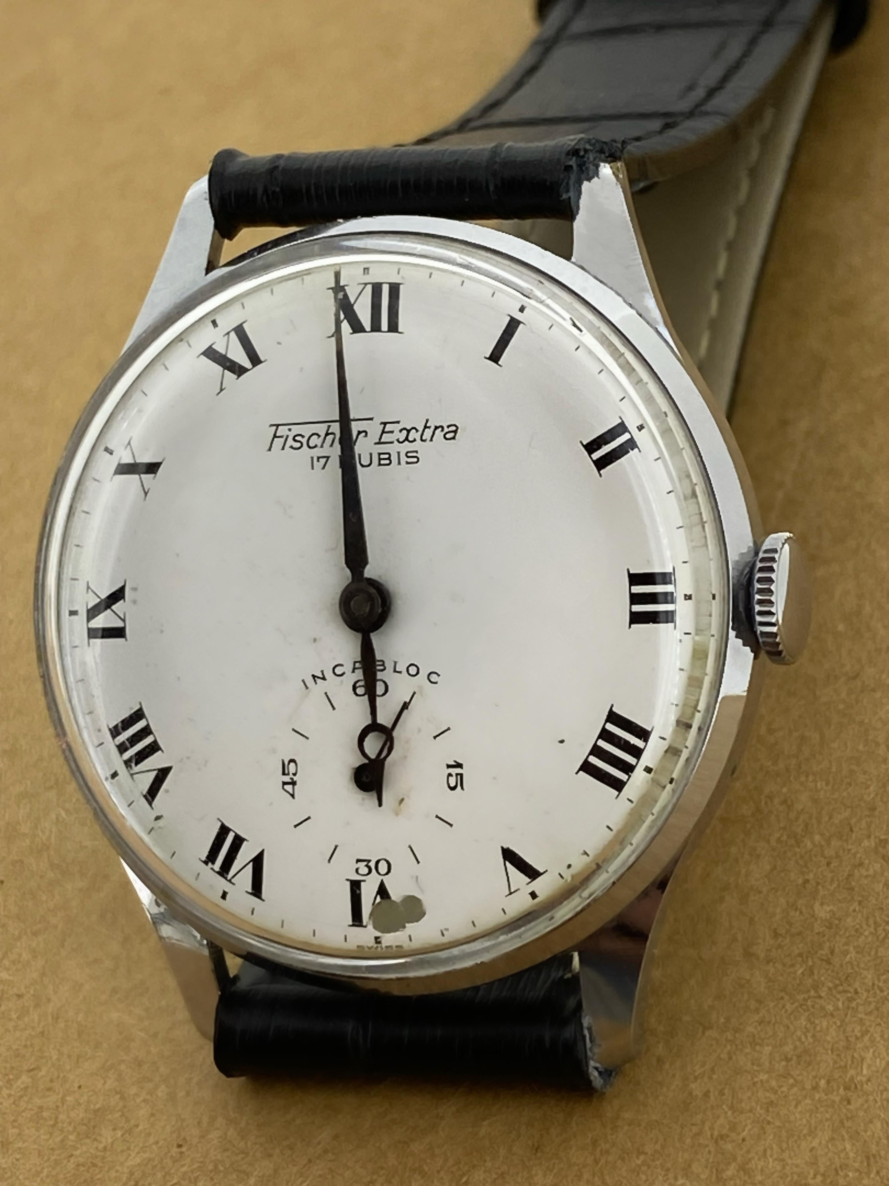 Fischer Extra Incabloc S/Steel Manual 17 Rubis Porcelain Dial 35mm Mens' Watch In Excellent Condition For Sale In MELBOURNE, AU