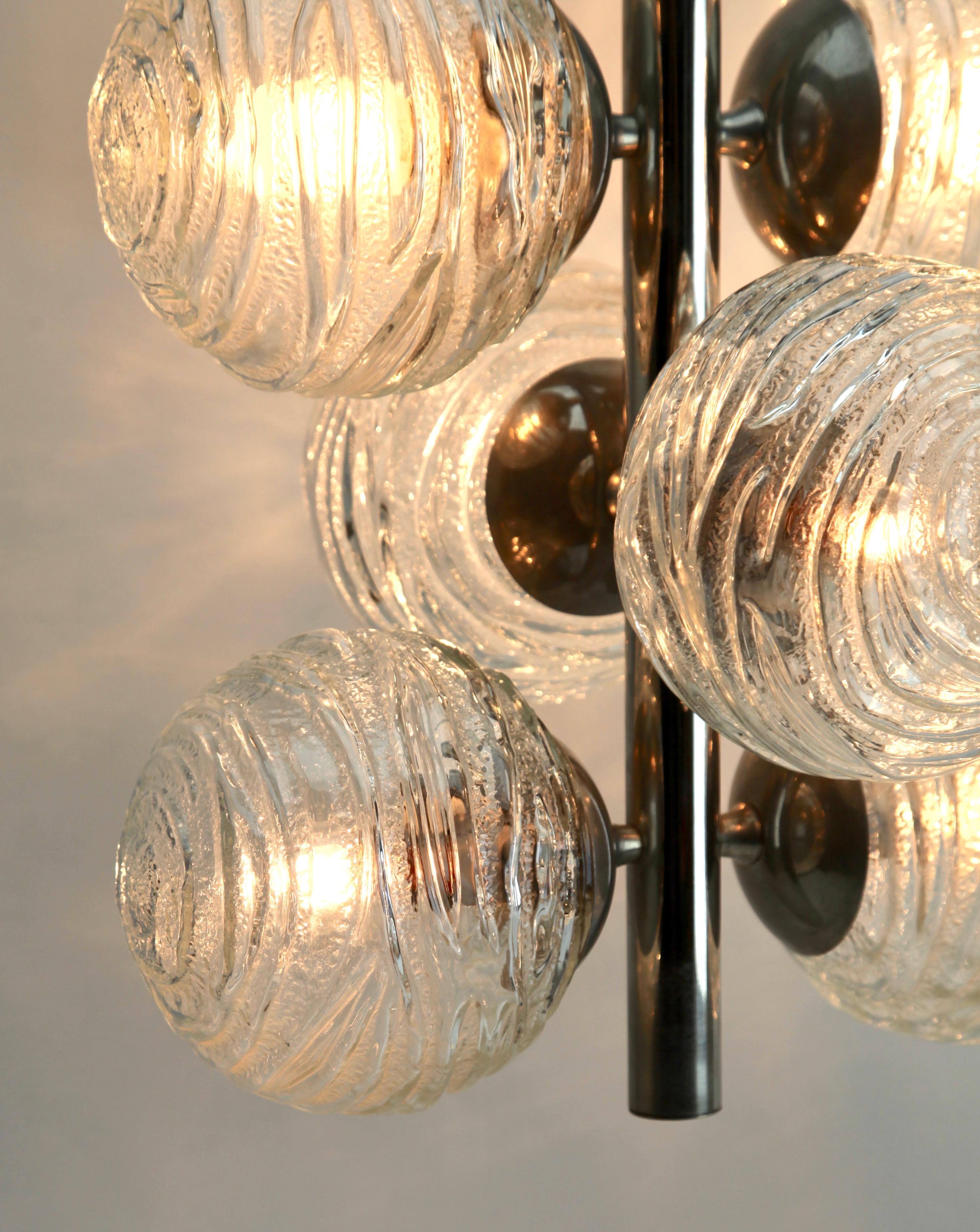 Mid-Century Modern Fischer Leuchten ‘Germany’ Swirl Ball Pendant Stem Lamp with 6 Globular Lights For Sale