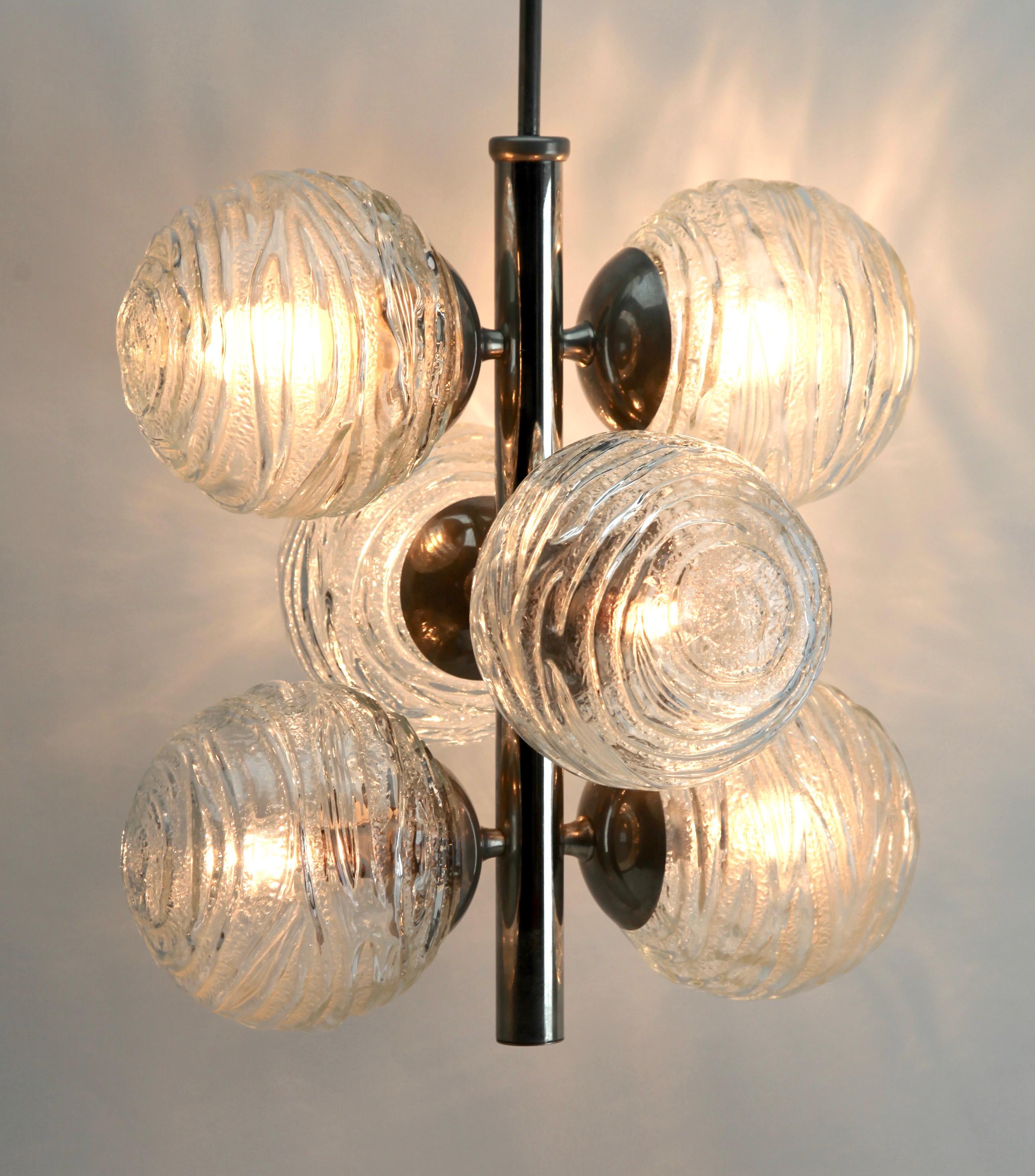 Hand-Crafted Fischer Leuchten ‘Germany’ Swirl Ball Pendant Stem Lamp with 6 Globular Lights For Sale