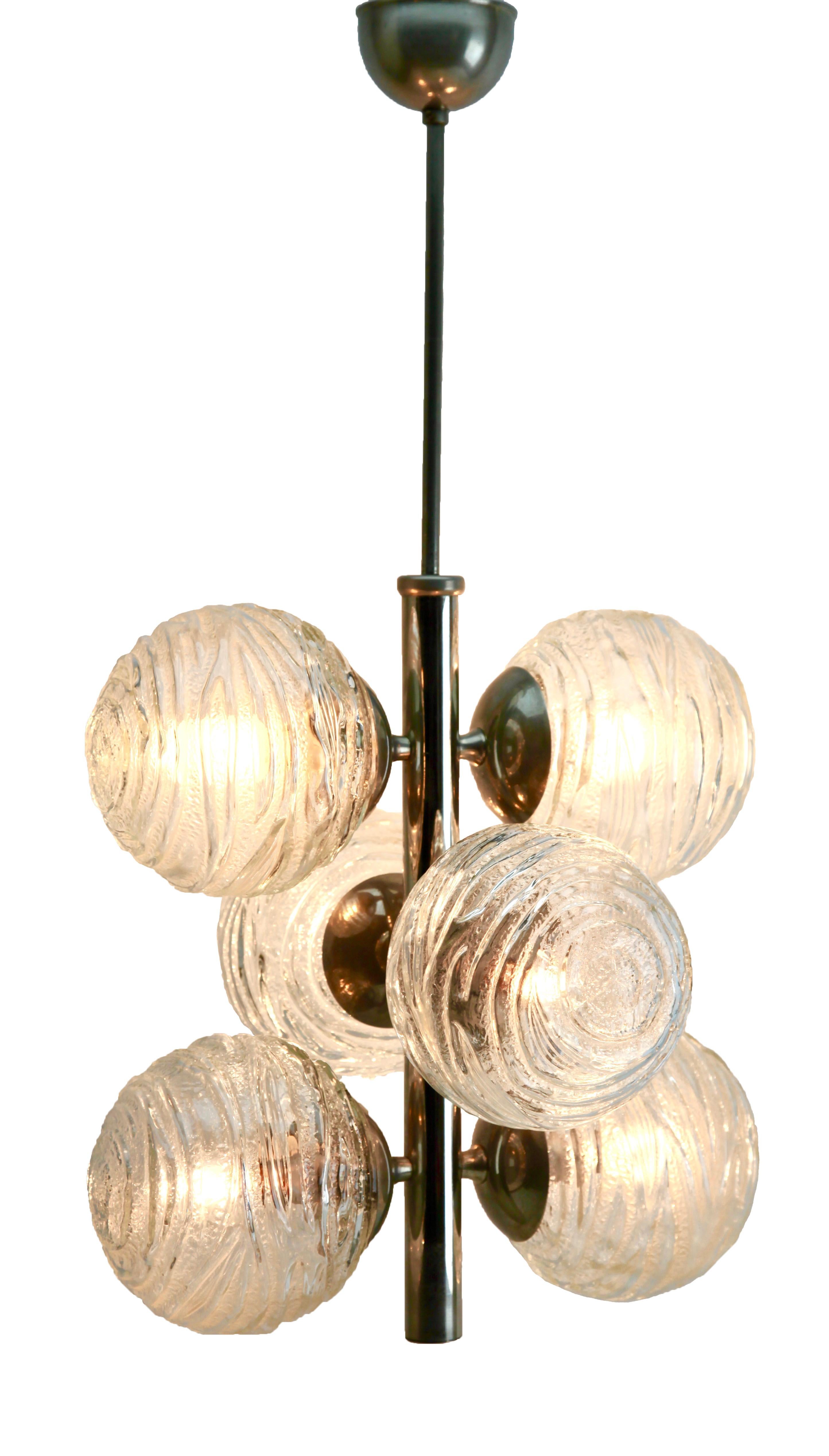 Fischer Leuchten ‘Germany’ Swirl Ball Pendant Stem Lamp with 6 Globular Lights In Good Condition For Sale In Verviers, BE