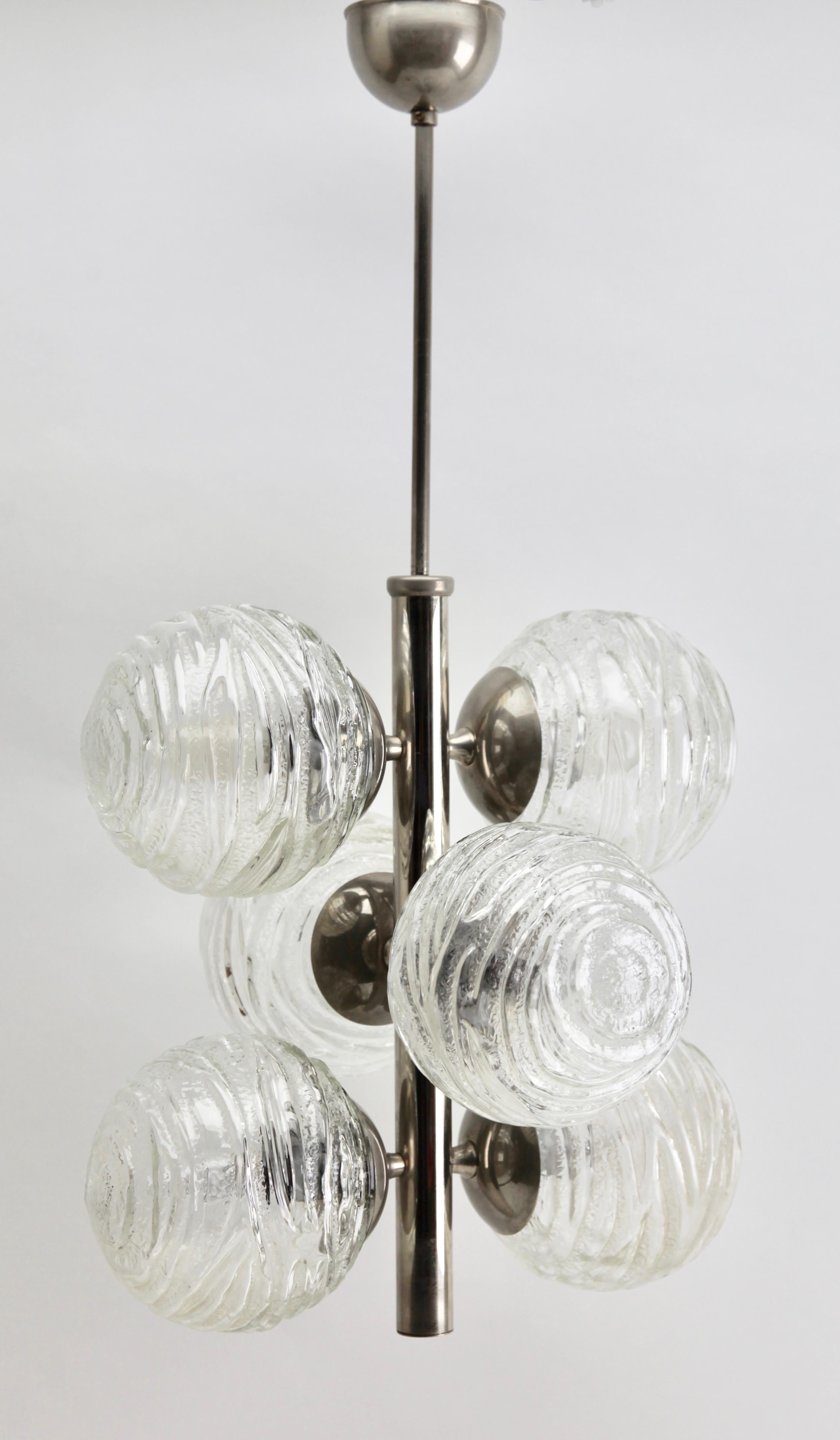 Art Glass Fischer Leuchten ‘Germany’ Swirl Ball Pendant Stem Lamp with 6 Globular Lights For Sale