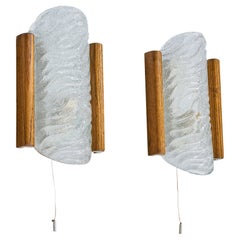 Fischer Leuchten, Wall Lights, Glass, Oak, Germany, 1960s Fischer Leuchten, Wall Lights, Glass, Oak, Germany, 1960s