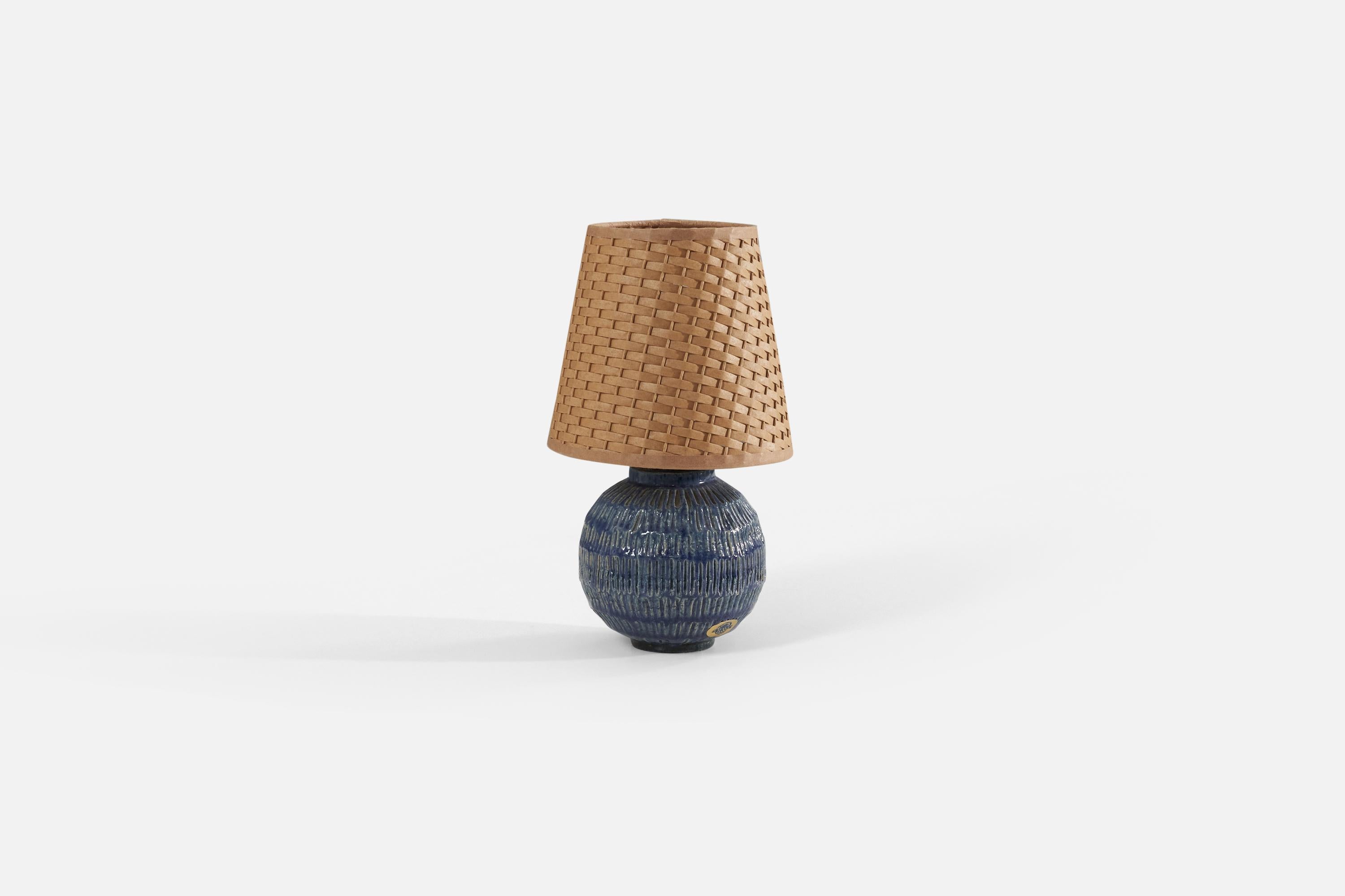 Swedish Fischer Stengods, Table Lamp, Blue-Glazed Stoneware, Sweden, 1960s For Sale