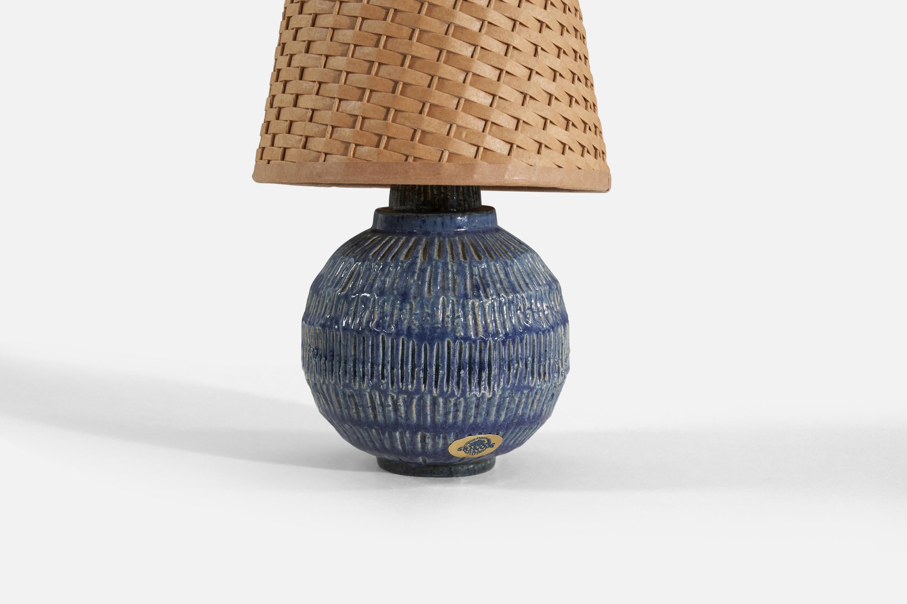 Fischer Stengods, Table Lamp, Blue-Glazed Stoneware, Sweden, 1960s In Good Condition For Sale In High Point, NC