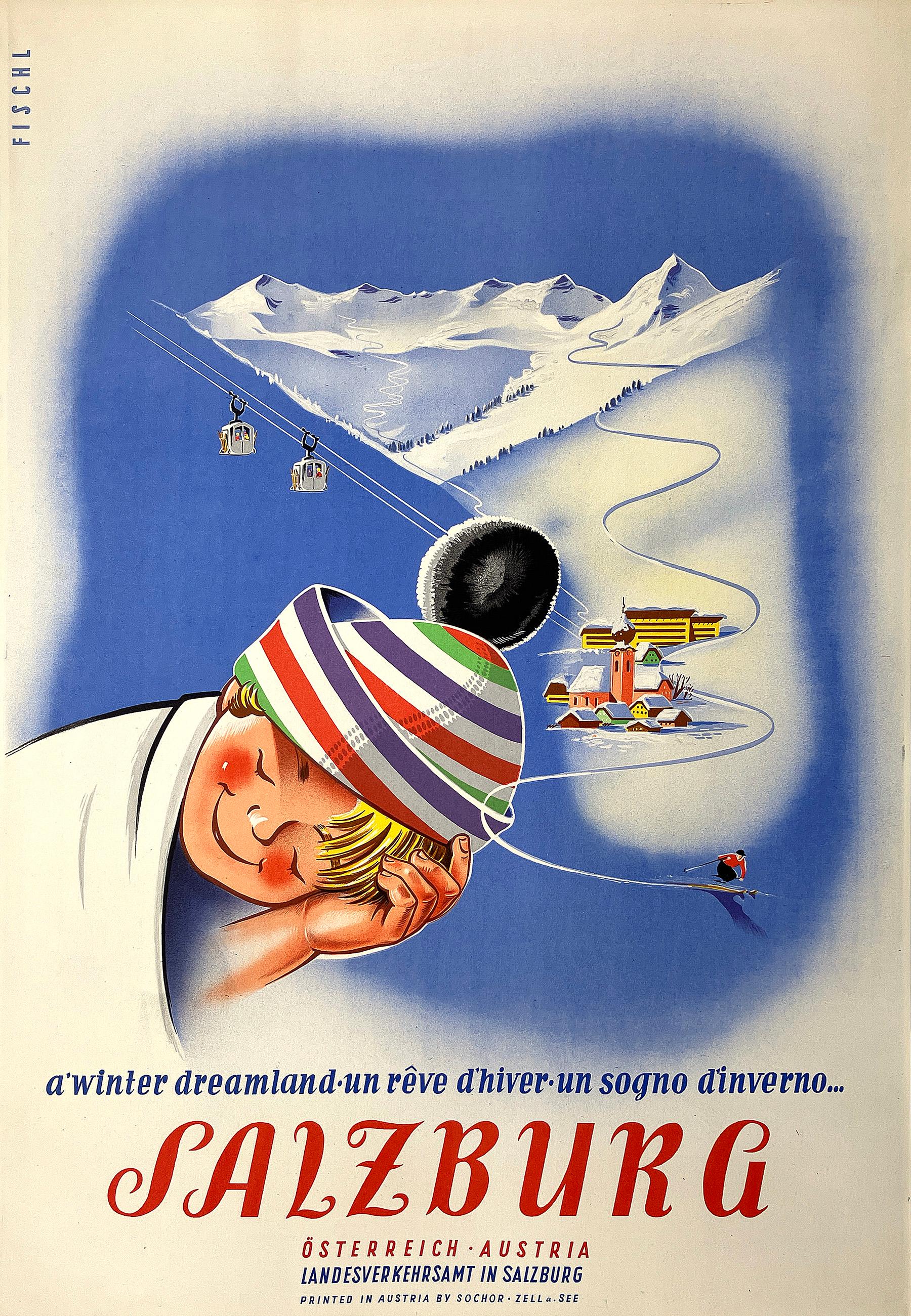 Questo poster originale d'epoca che promuove Salisburgo presenta la tranquilla rappresentazione di un bambino addormentato con un berretto da sci, sullo sfondo di piste da sci innevate. L'artista, noto con il nome di Fischl, combina abilmente il