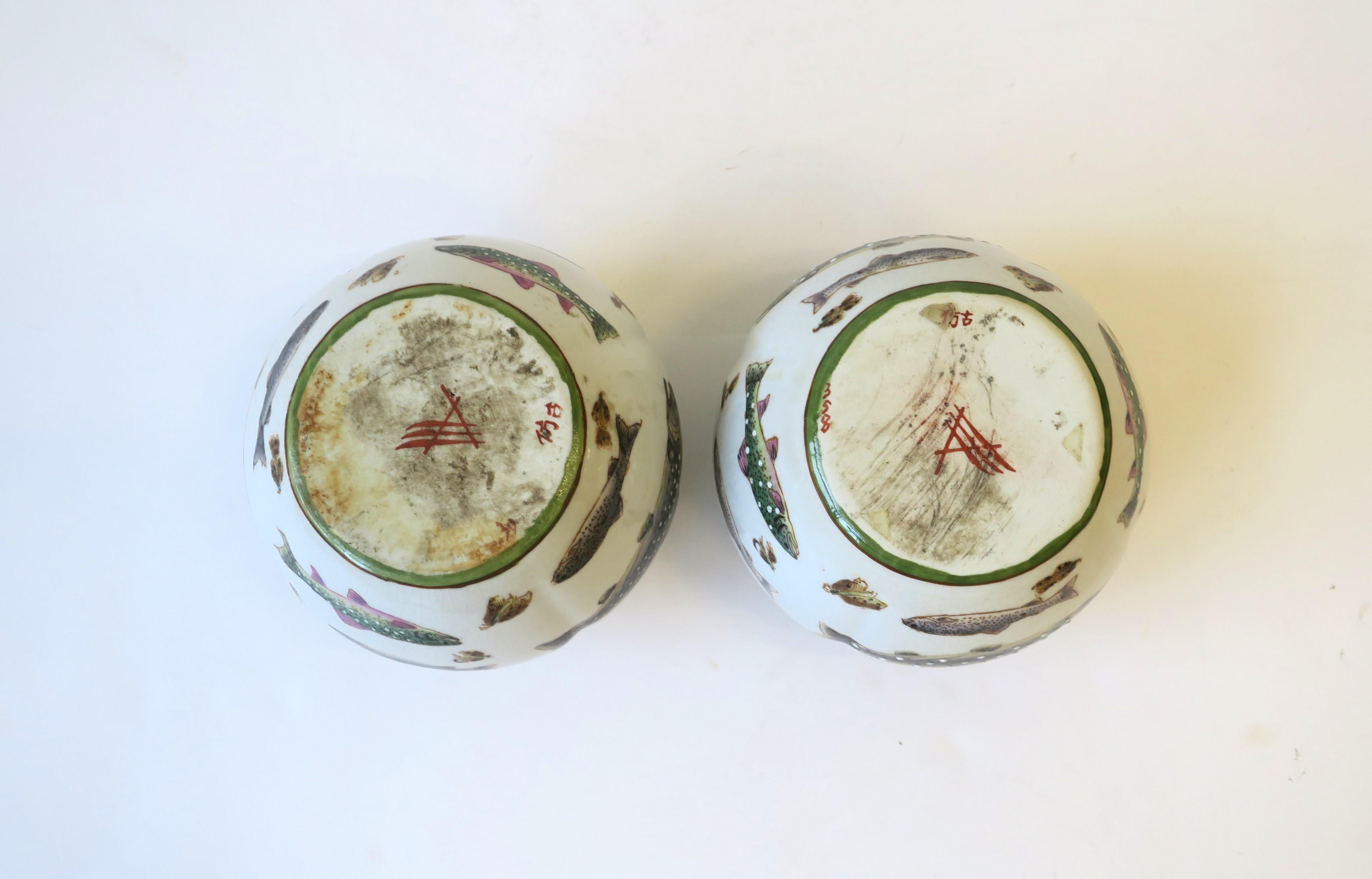 Fish and Lure Plant or Flower Pot Panters Ceramic Cachepots, Pair 3