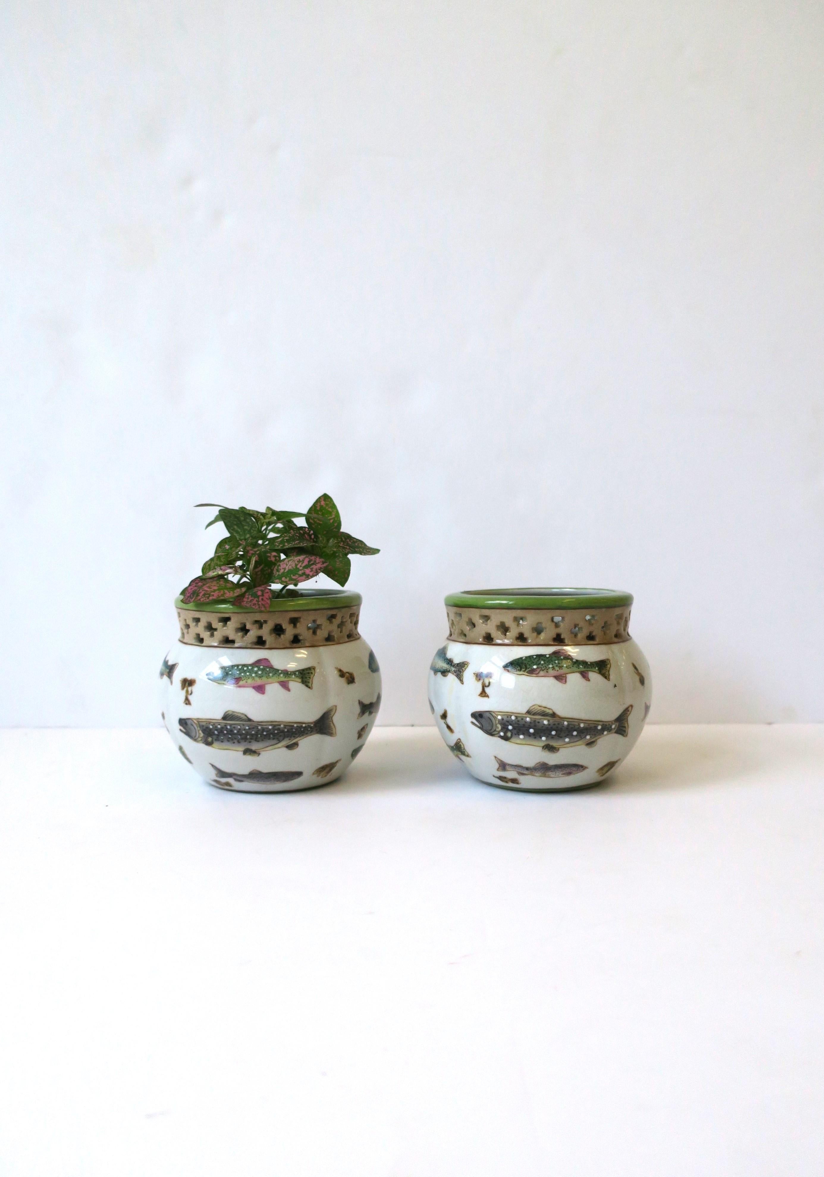 European Fish and Lure Plant or Flower Pot Panters Ceramic Cachepots, Pair