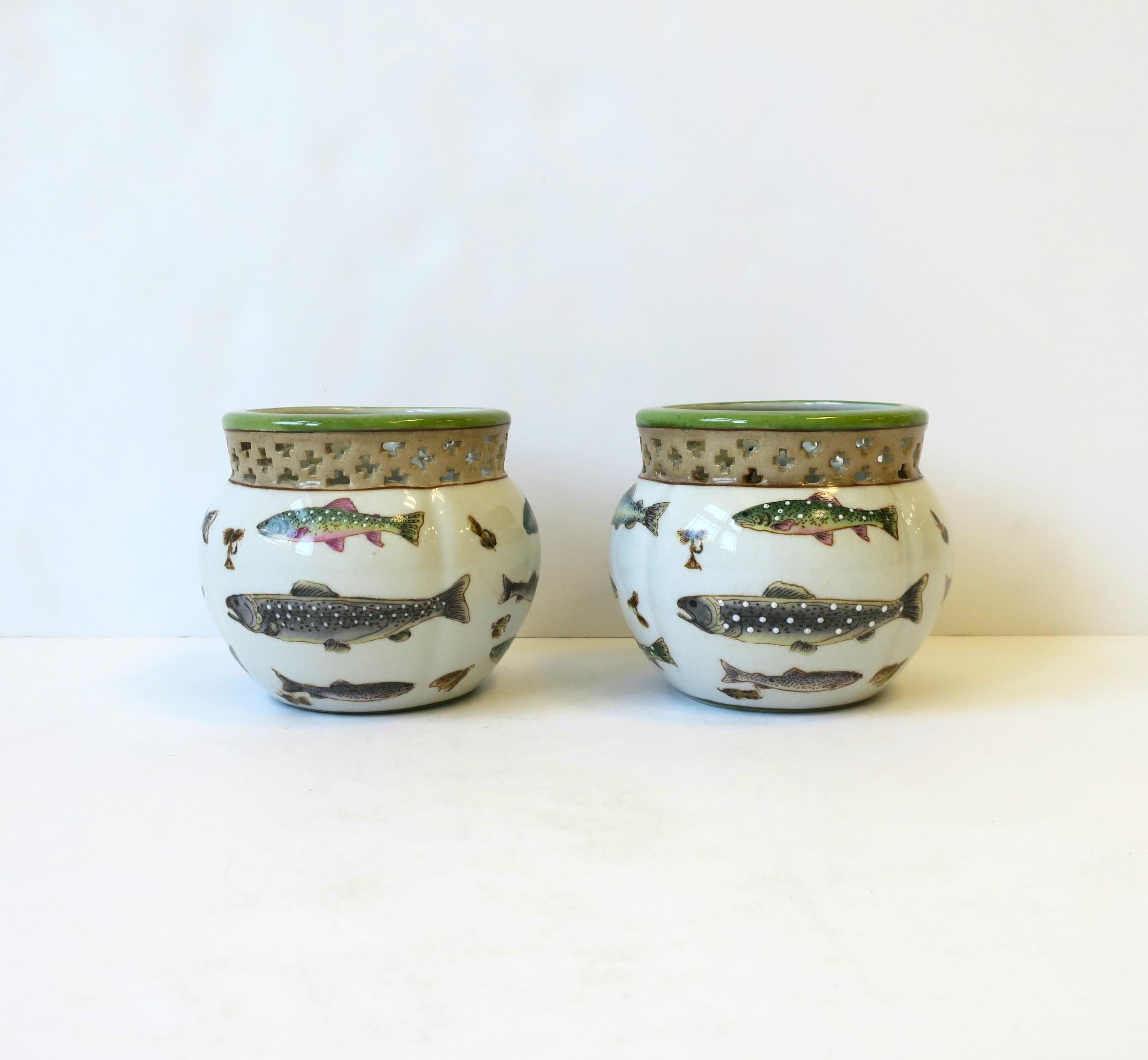Fish and Lure Plant or Flower Pot Panters Ceramic Cachepots, Pair In Good Condition In New York, NY