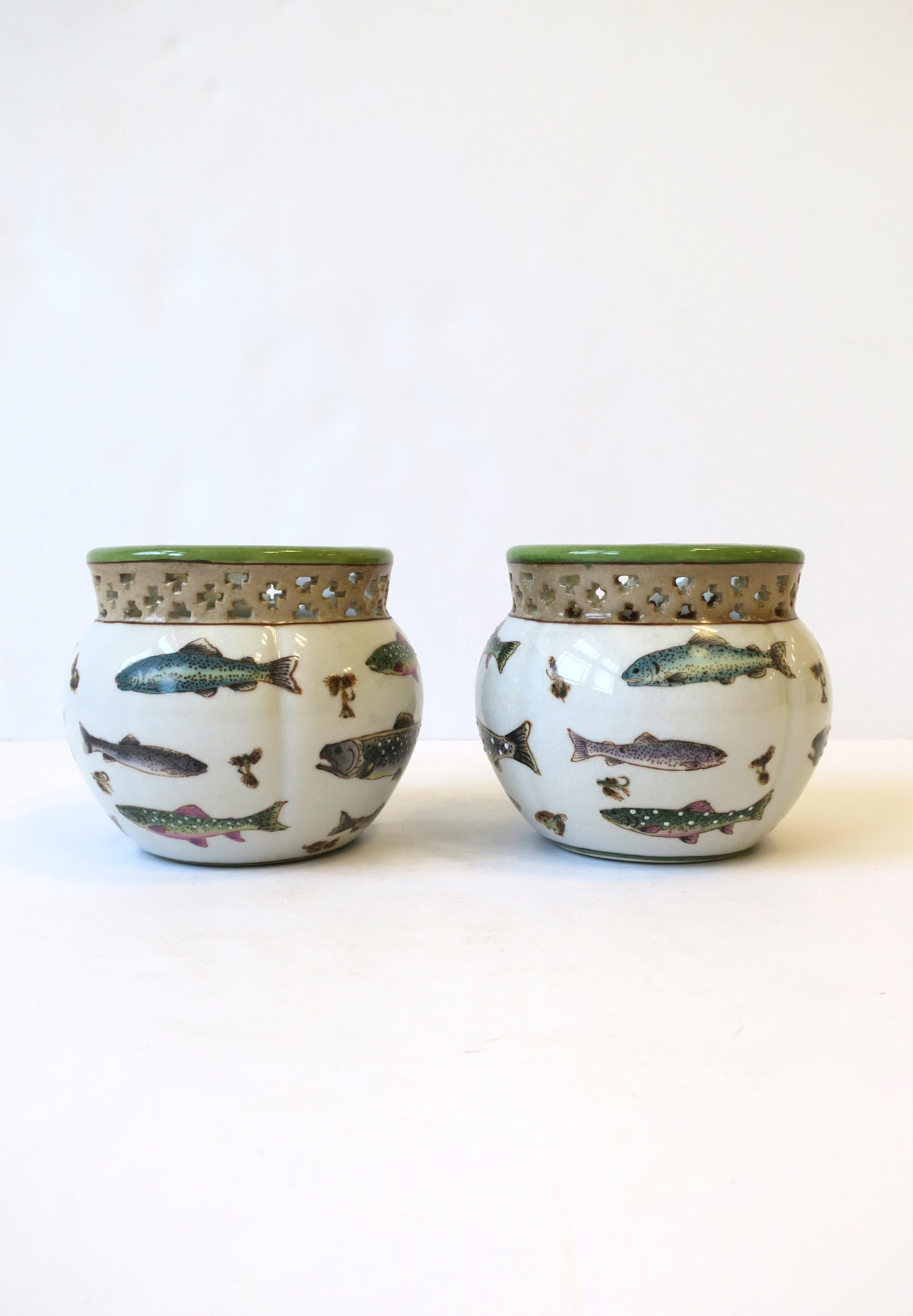 20th Century Fish and Lure Plant or Flower Pot Panters Ceramic Cachepots, Pair