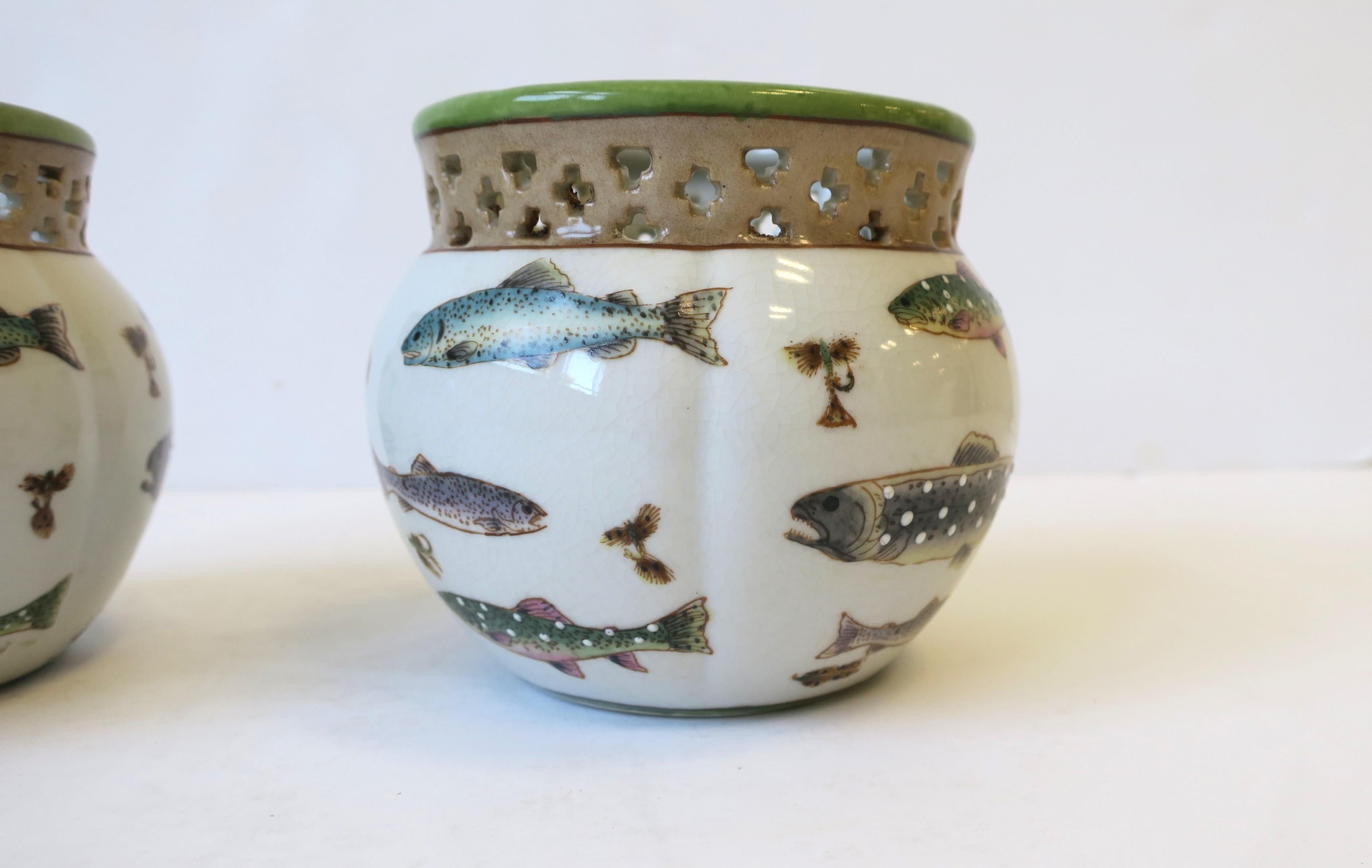 Fish and Lure Plant or Flower Pot Panters Ceramic Cachepots, Pair 1