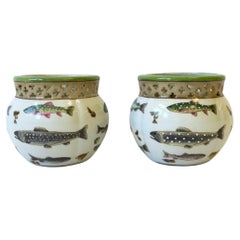 Fish and Lure Plant or Flower Pot Panters Ceramic Cachepots, Pair