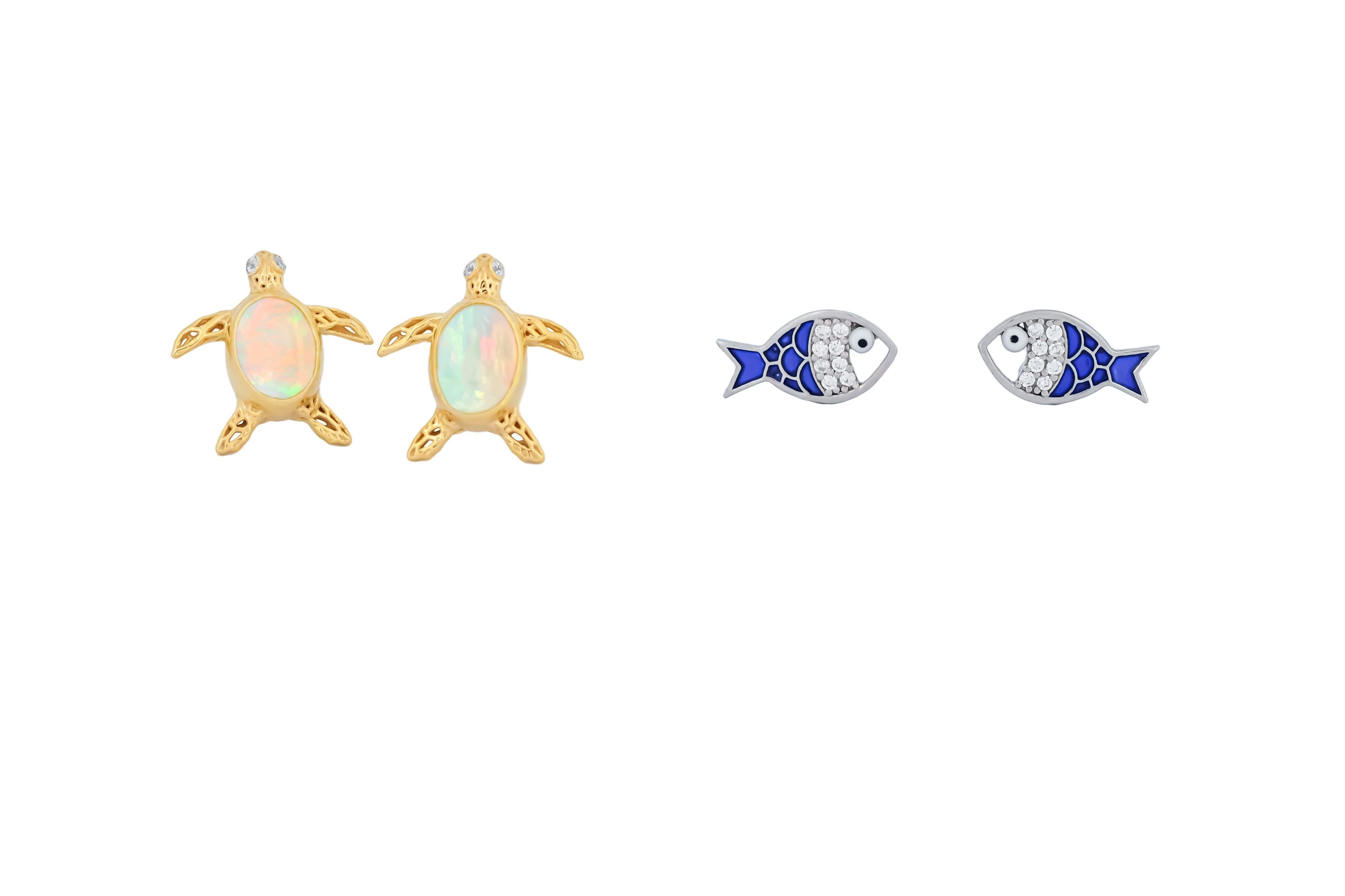 Cabochon Fish and turtle earrings studs