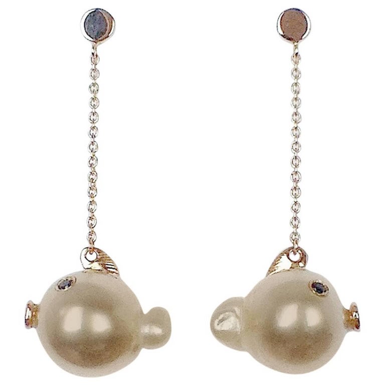 Fish Black Diamond Australian Oval Pearl 18K Gold Drop Dangle Earrings