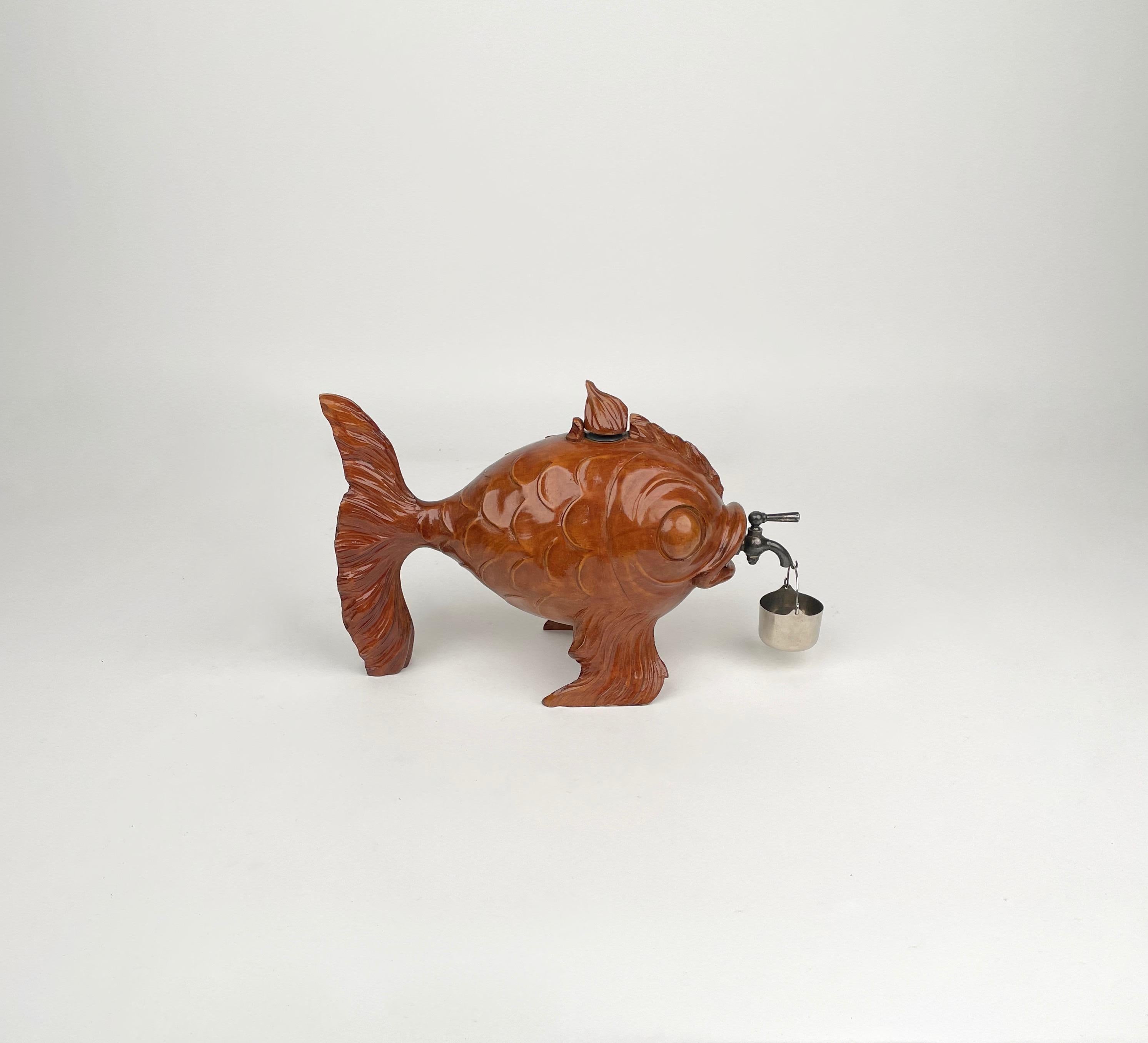 Fish Bottle Dispenser Hand Carved Wood & Metal Aldo Tura for Macabo Italy 1950s 3