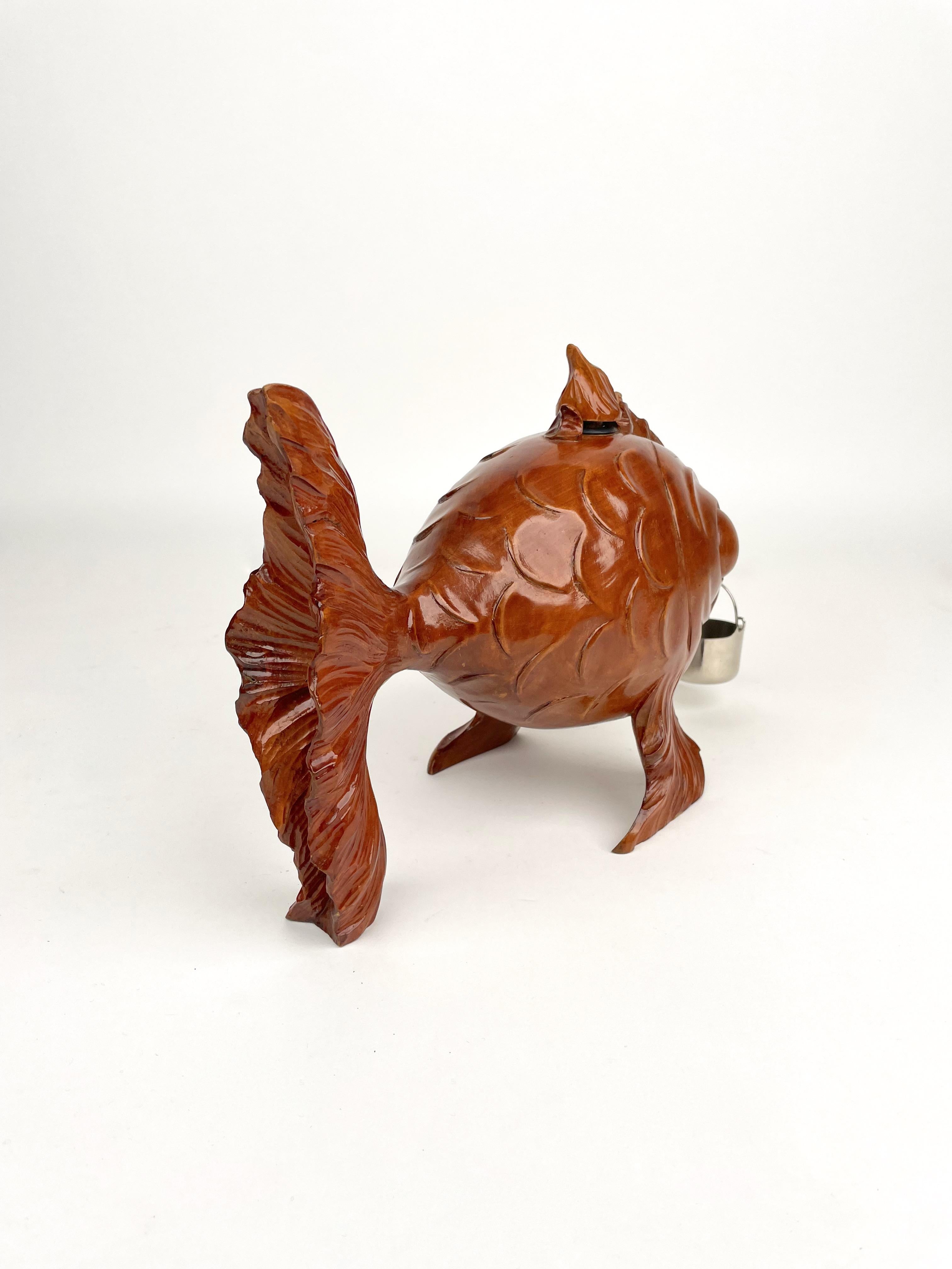 Fish Bottle Dispenser Hand Carved Wood & Metal Aldo Tura for Macabo Italy 1950s 4