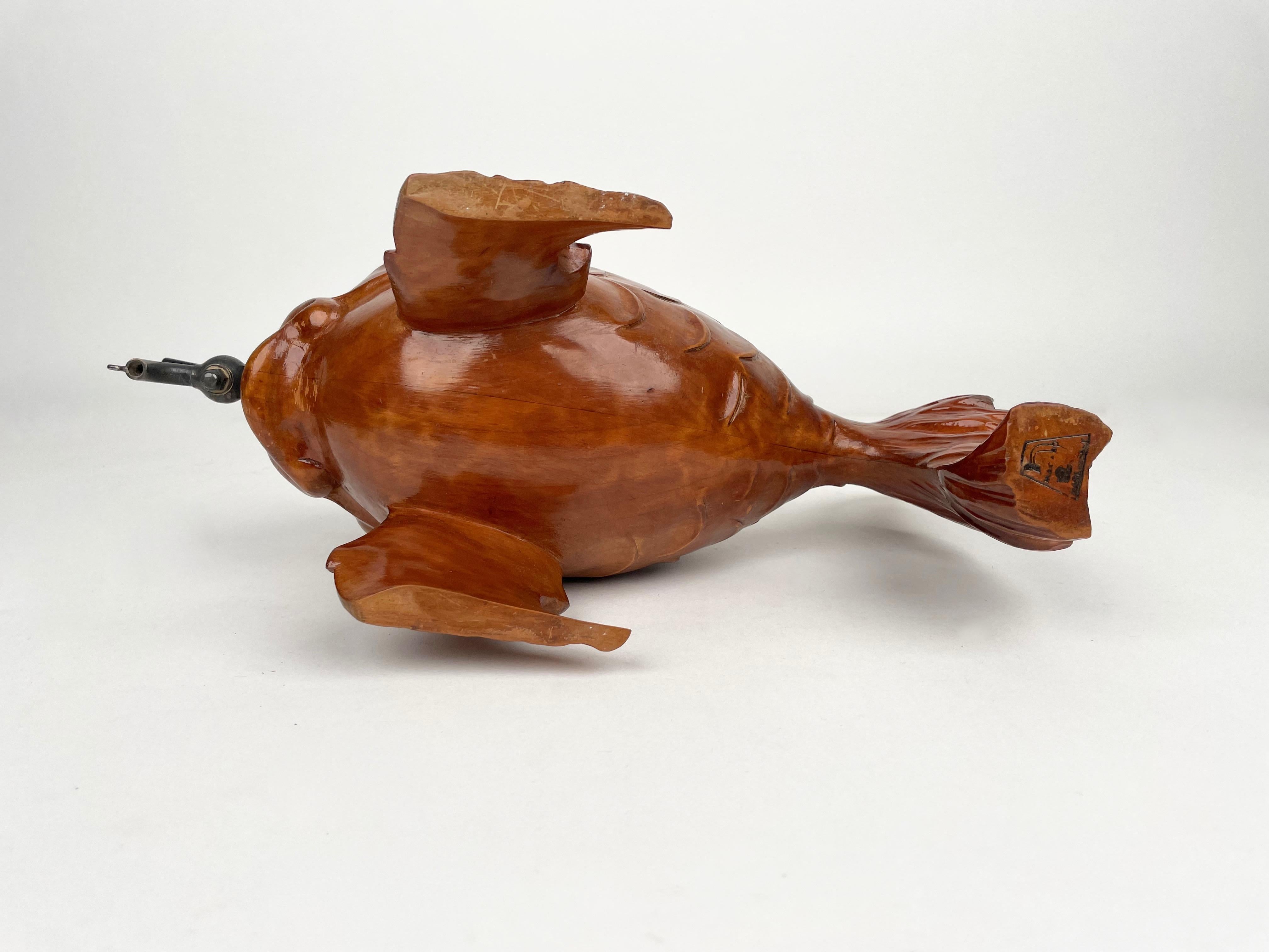 Fish Bottle Dispenser Hand Carved Wood & Metal Aldo Tura for Macabo Italy 1950s 5
