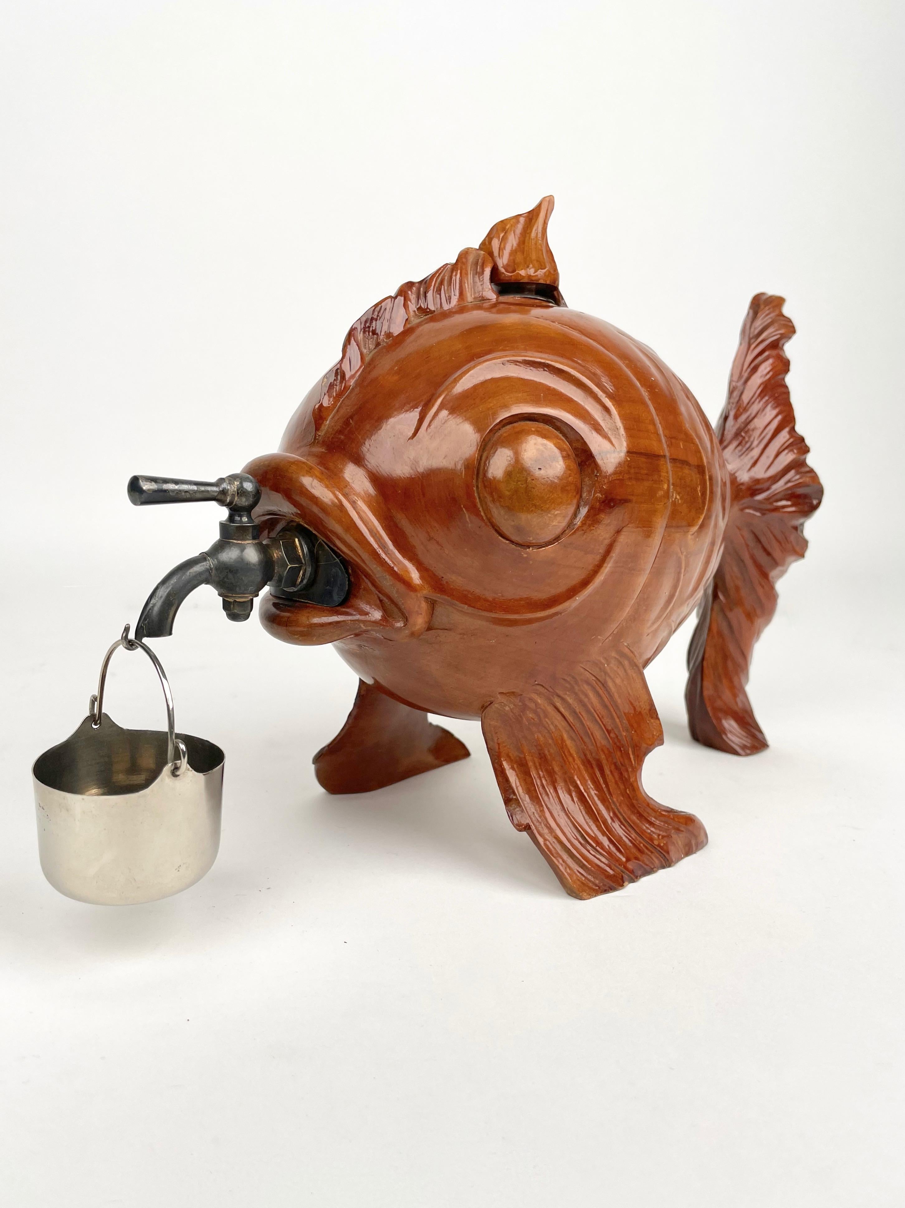 Mid-Century Modern Fish Bottle Dispenser Hand Carved Wood & Metal Aldo Tura for Macabo Italy 1950s