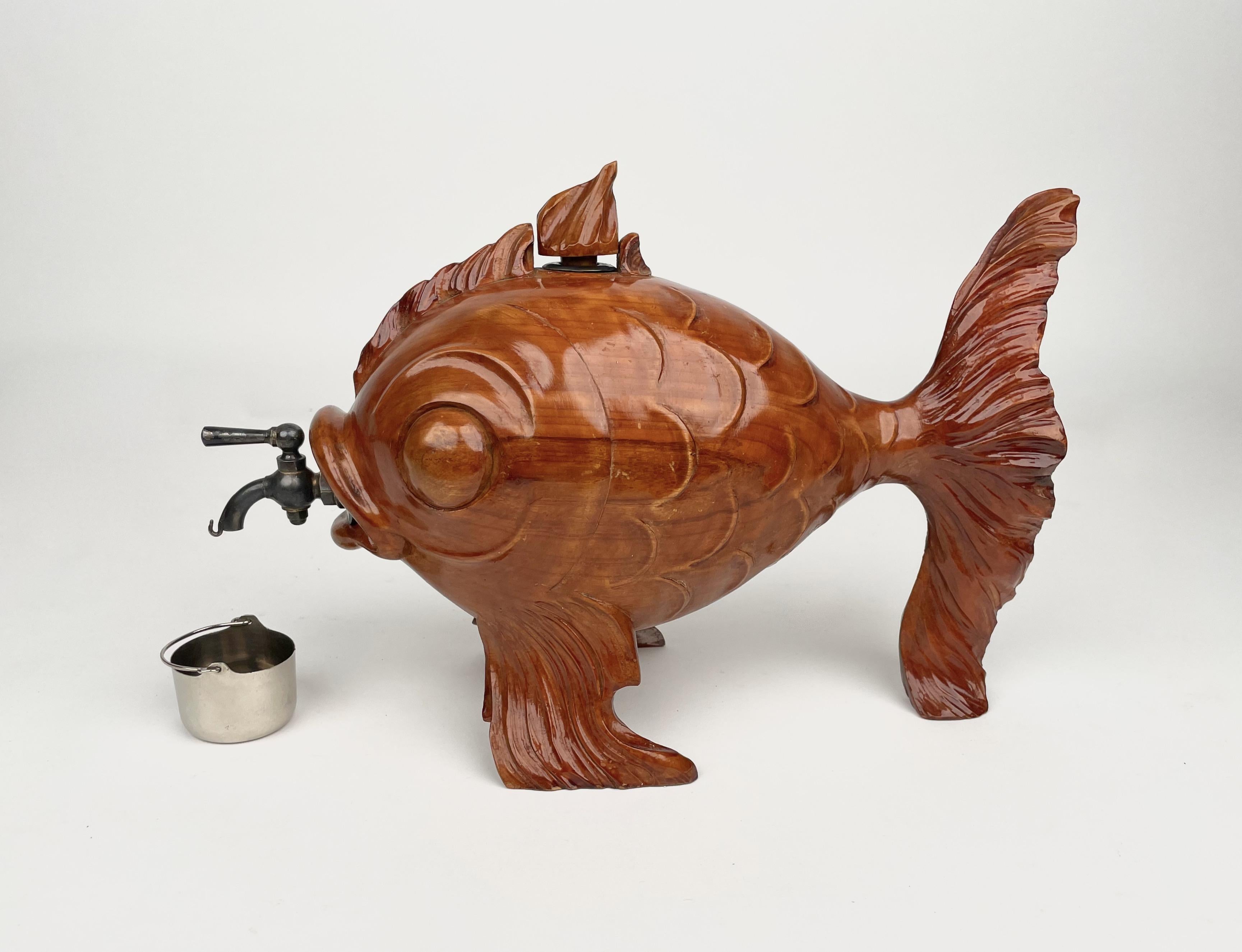 Hand-Carved Fish Bottle Dispenser Hand Carved Wood & Metal Aldo Tura for Macabo Italy 1950s