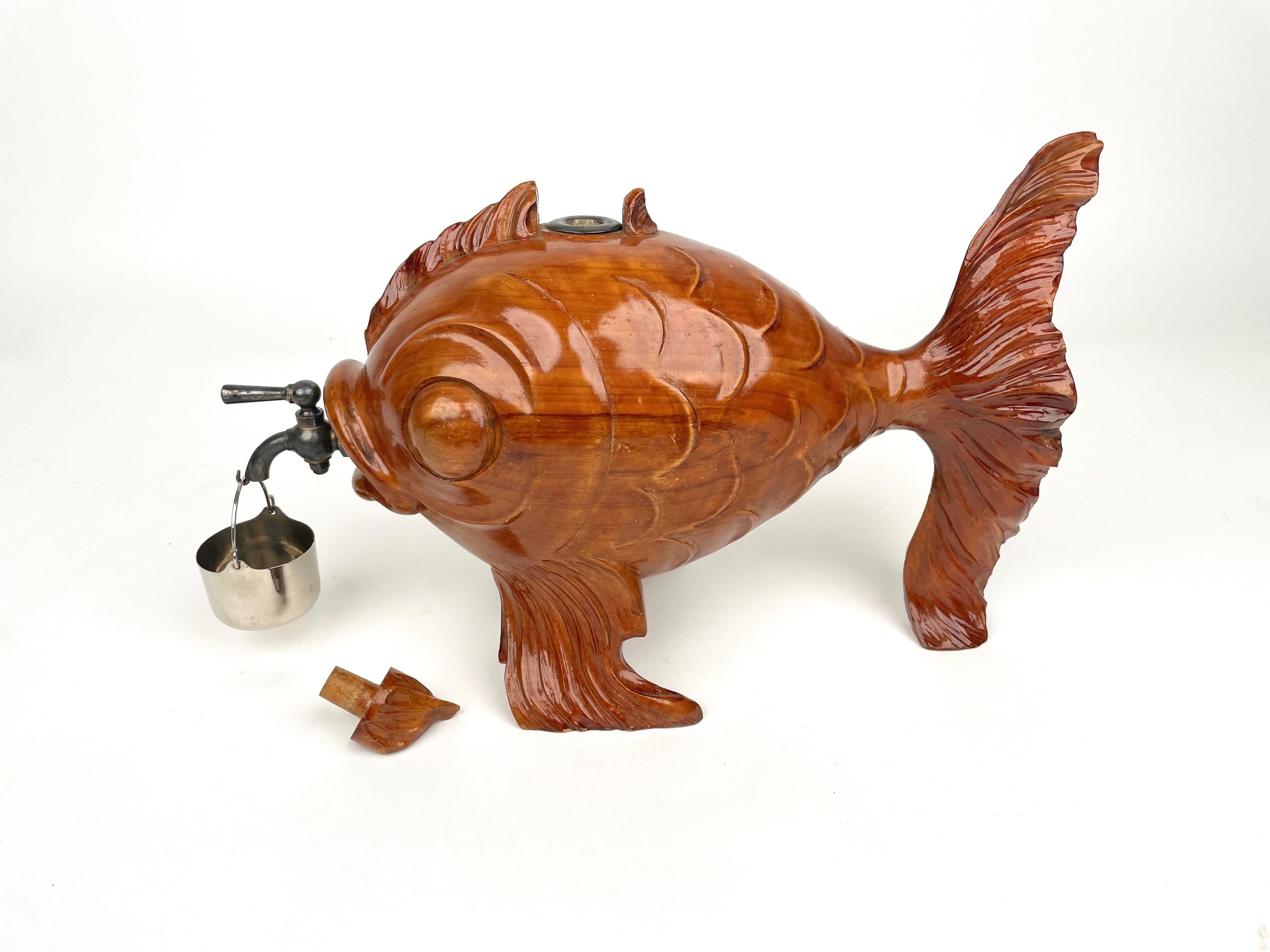 Fish Bottle Dispenser Hand Carved Wood & Metal Aldo Tura for Macabo Italy 1950s In Good Condition In Rome, IT