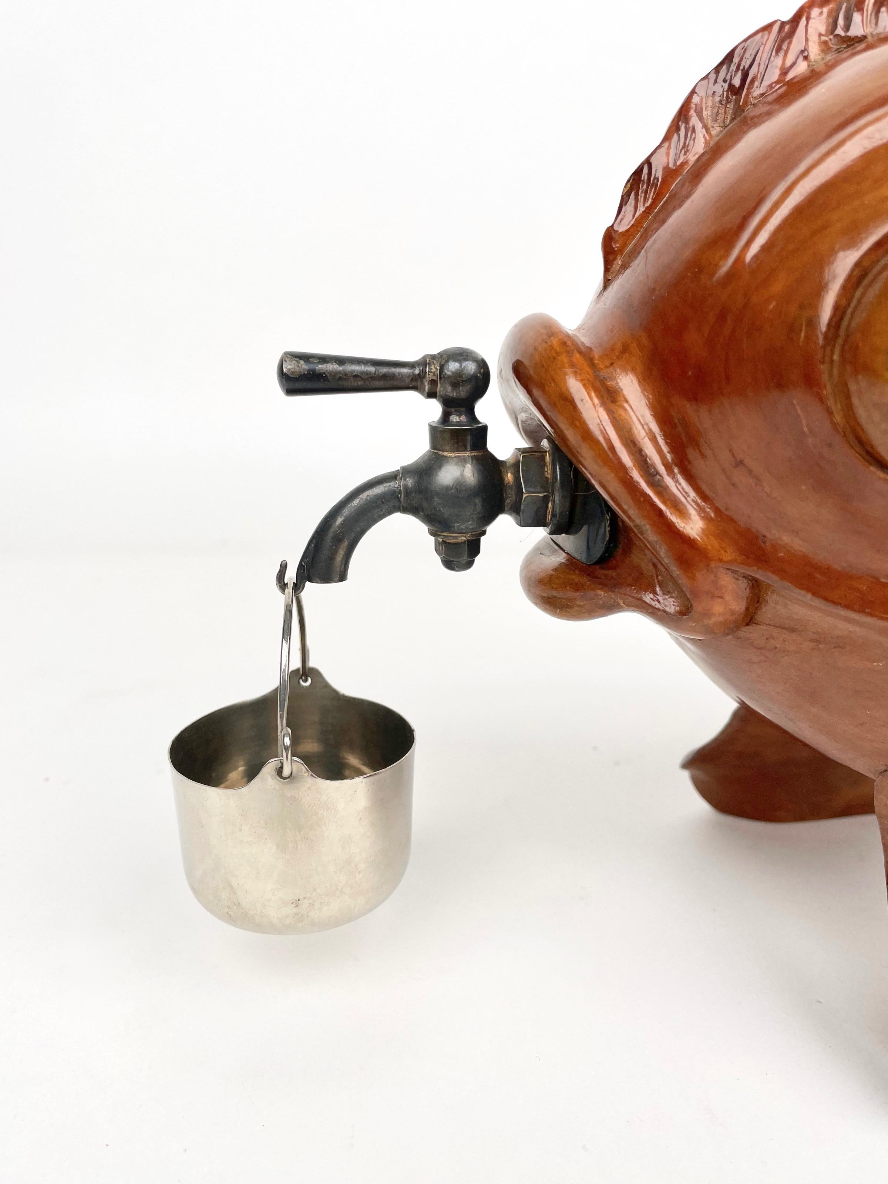 Mid-20th Century Fish Bottle Dispenser Hand Carved Wood & Metal Aldo Tura for Macabo Italy 1950s