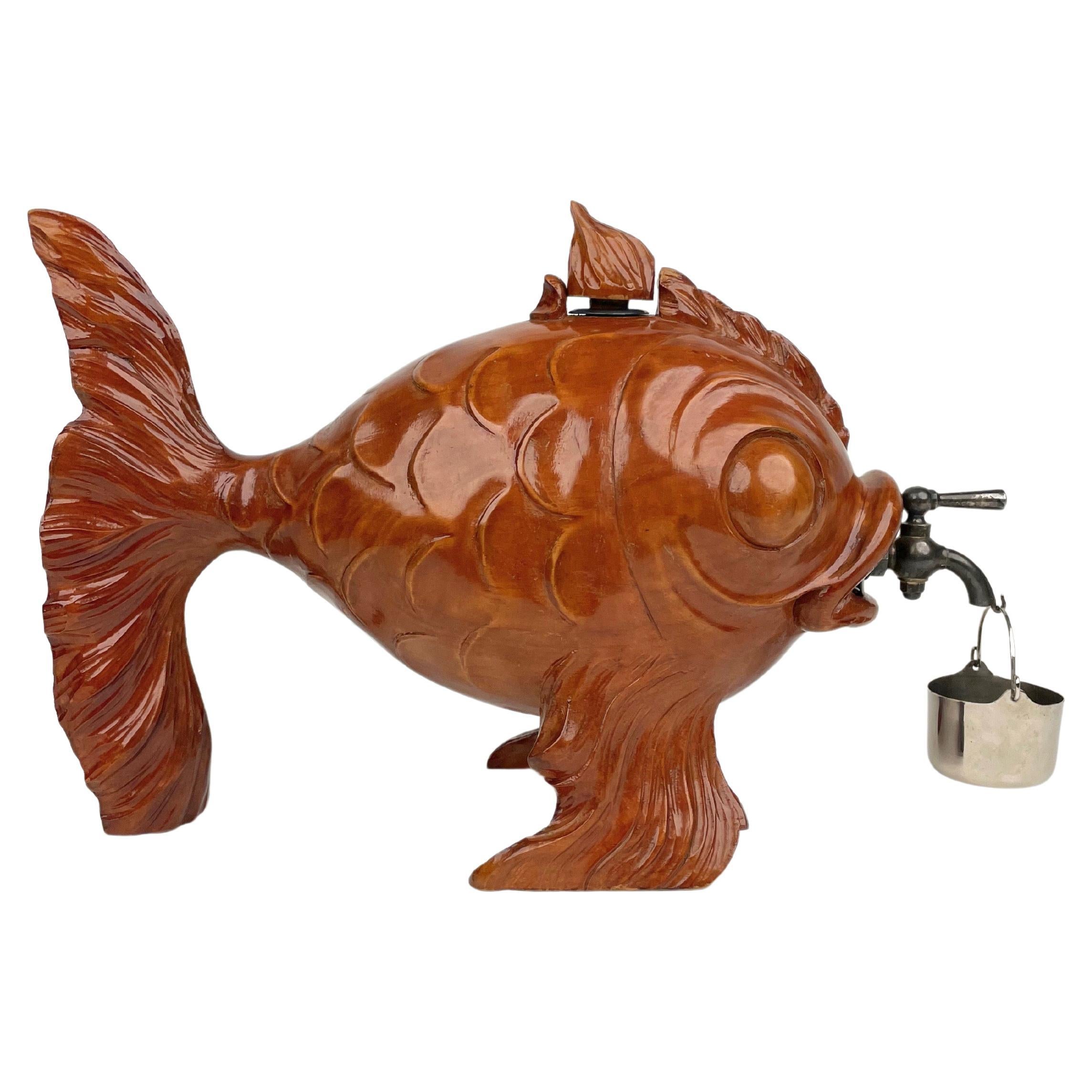 Fish Bottle Dispenser Hand Carved Wood & Metal Aldo Tura for Macabo Italy 1950s