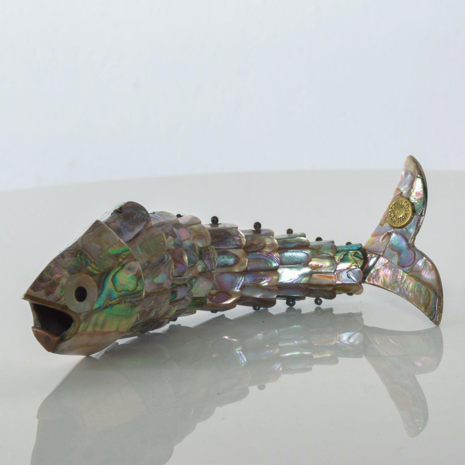 Mid-Century Modern Fish Bottle Opener Abalone Brass by Los Castillo, Mexico, 1970s