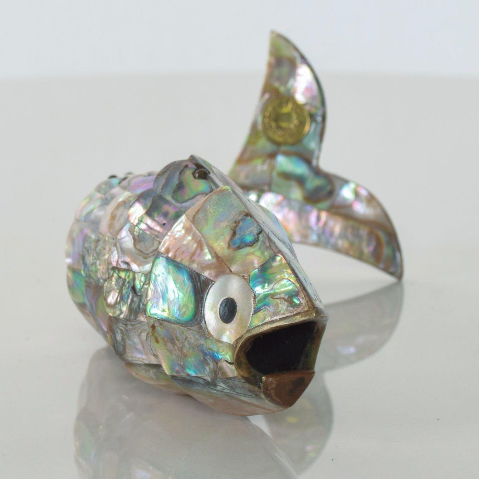 Silver Plate Fish Bottle Opener Abalone Brass by Los Castillo, Mexico, 1970s
