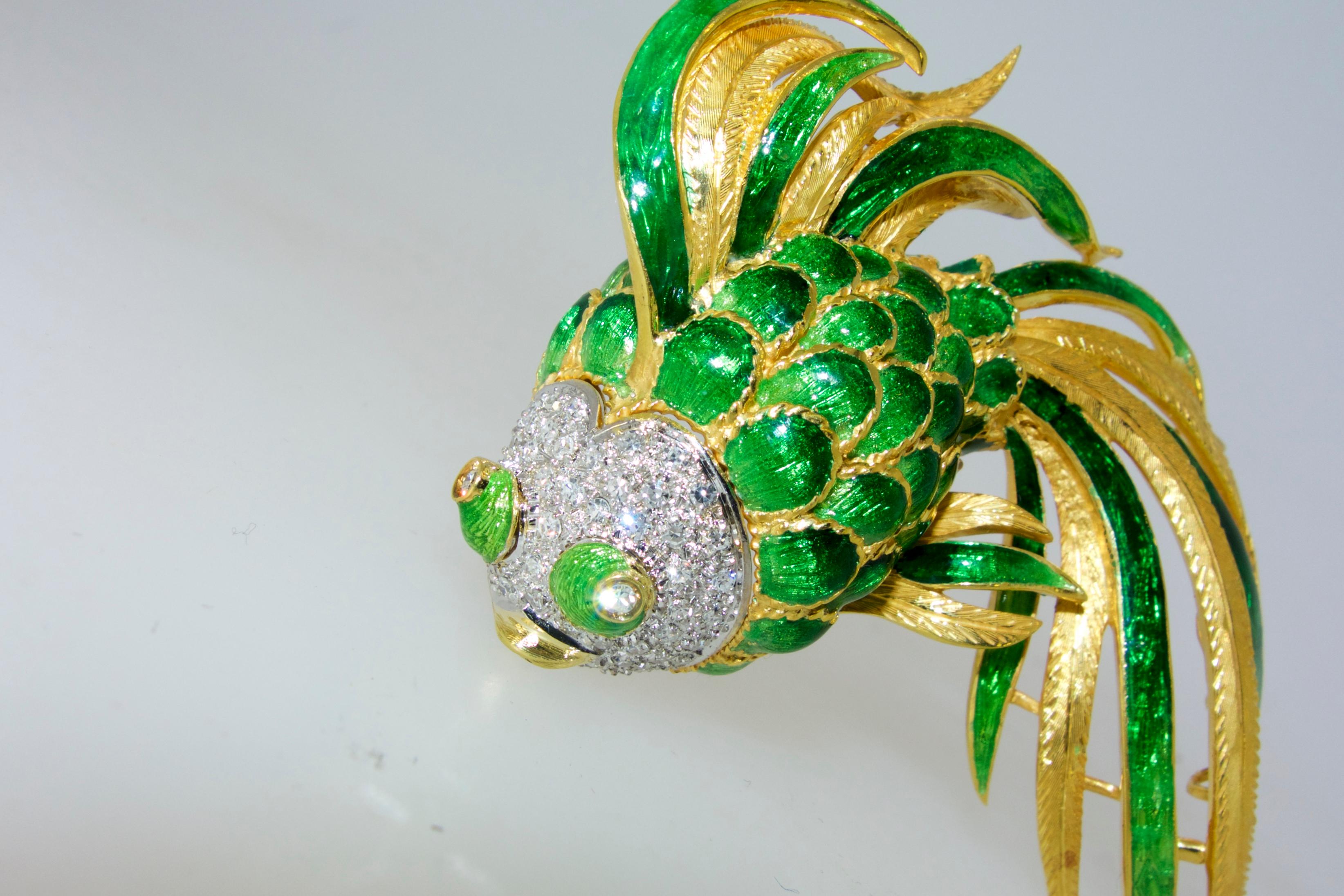 Contemporary Fish Brooch, Large and Colorful with Diamonds, circa 1960