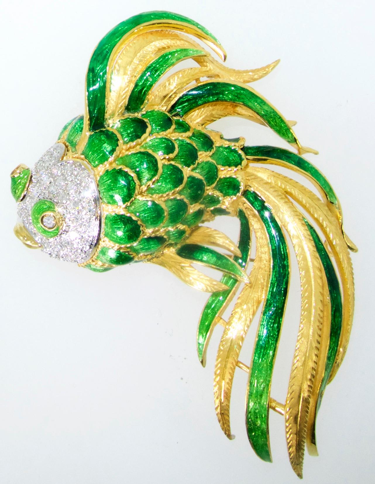 Women's or Men's Fish Brooch, Large and Colorful with Diamonds, circa 1960