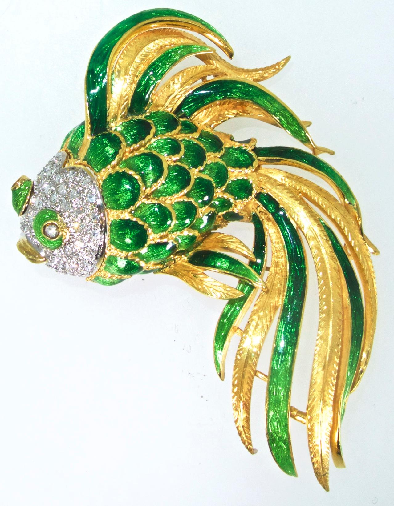 Fish Brooch, Large and Colorful with Diamonds, circa 1960 1