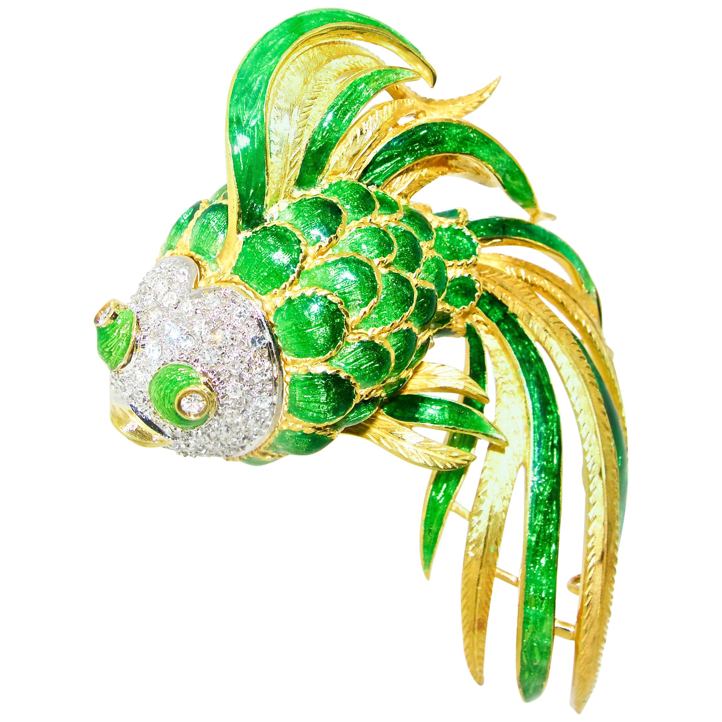 Fish Brooch, Large and Colorful with Diamonds, circa 1960