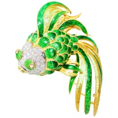 Fish Brooch, Large and Colorful with Diamonds, circa 1960