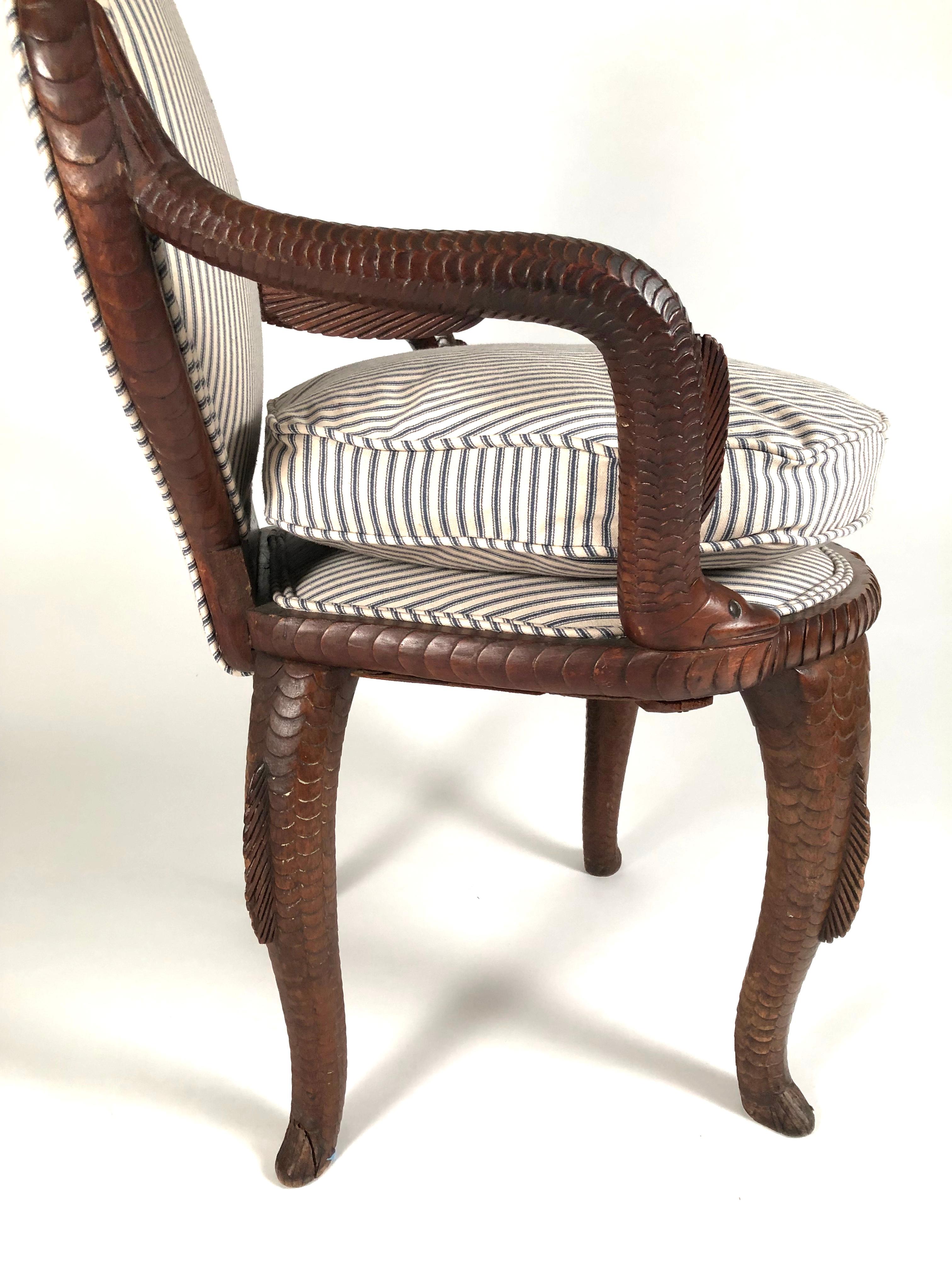 Hand-Carved 19th Century American Fish Carved Mahogany Armchair