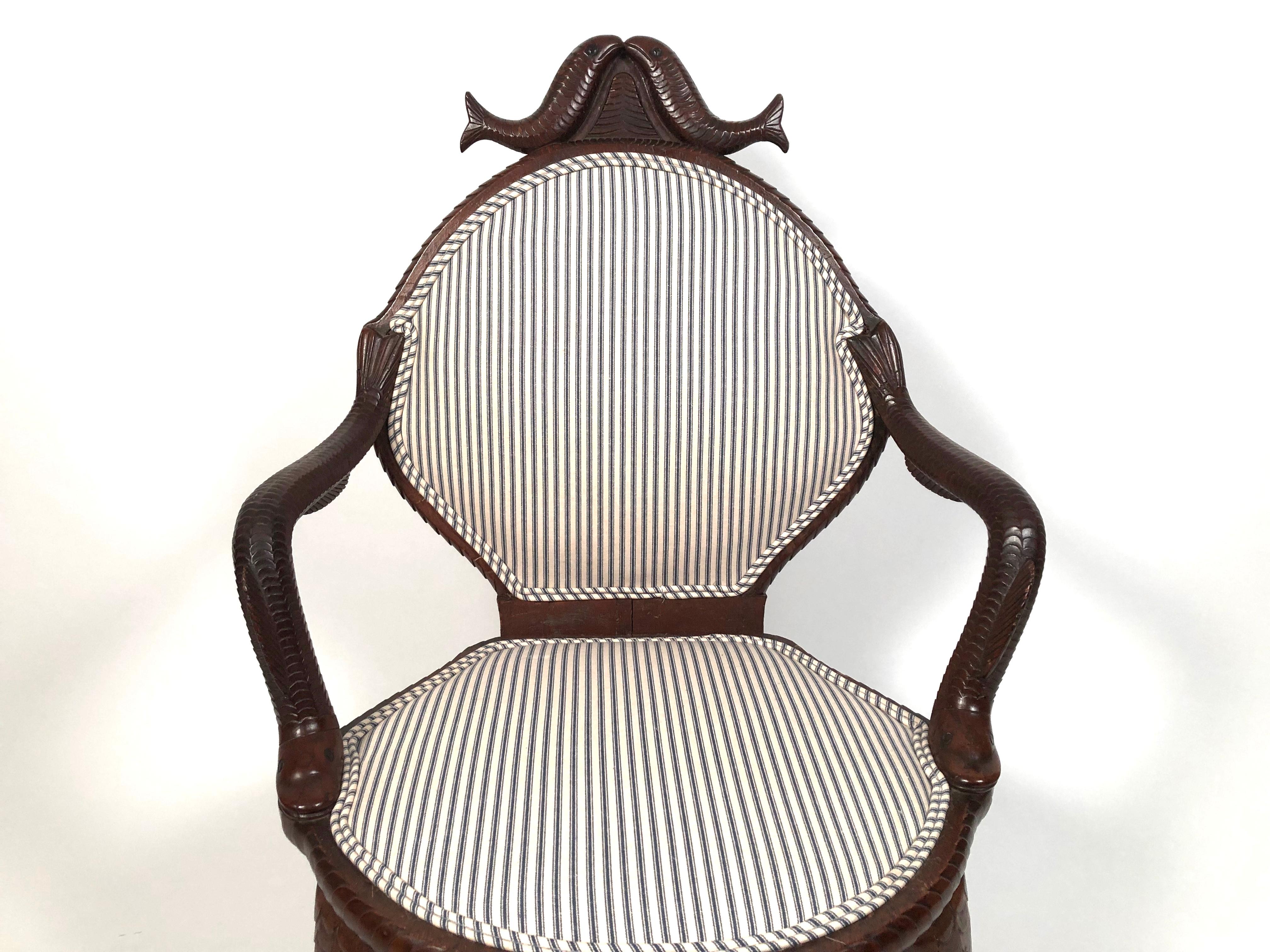 19th Century American Fish Carved Mahogany Armchair 2