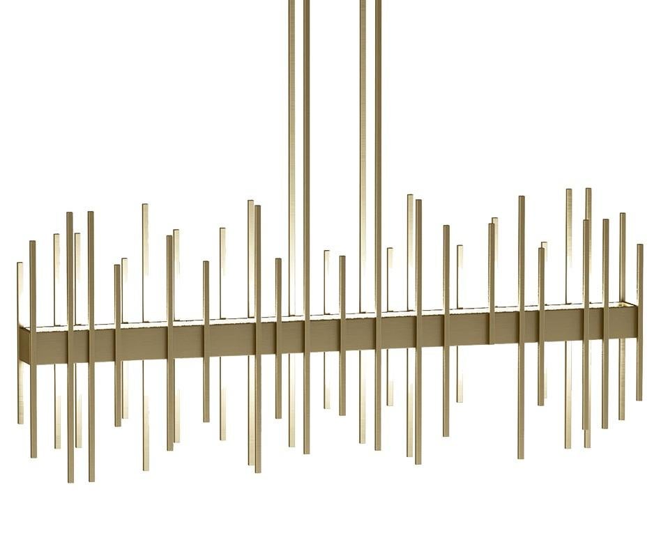 This exquisite sculptural chandelier is a true work of functional decor that is perfect for any contemporary space. Entirely made of brass with a warm burnished finish, it features four rods that extend from a rectangular mount base to hold a