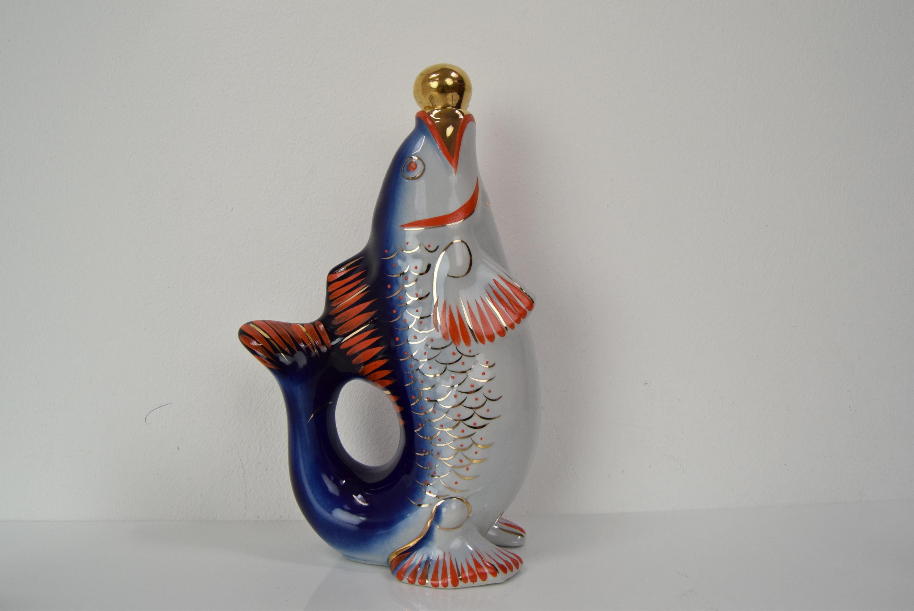 Ceramic Fish Decanter Soviet Drinking Set Porcelain Fish Carafe Shots Glass, 1950's For Sale