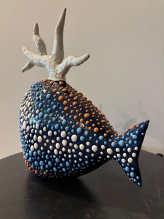 Decorative Blue fish, ceramic centerpiece. Handmade in Italy. Bespoke. 2025