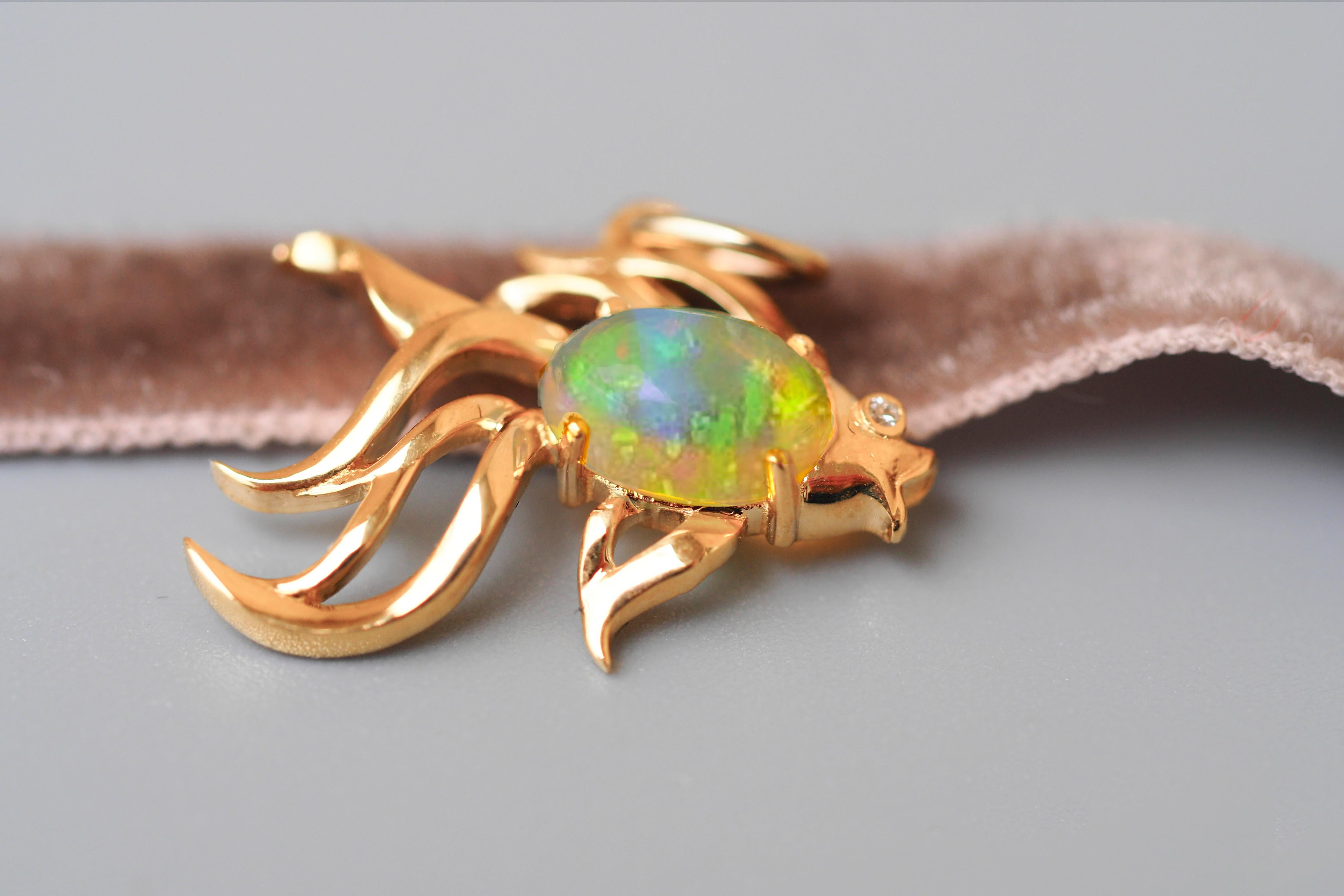 Fish Design 14k Gold Pendant with Opal and Diamond For Sale 8