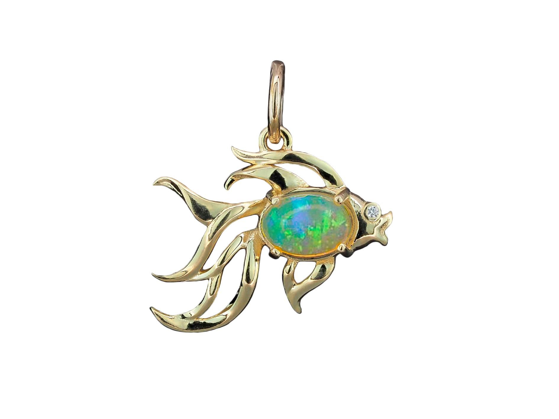 Fish Design 14k Gold Pendant with Opal and Diamond For Sale 7