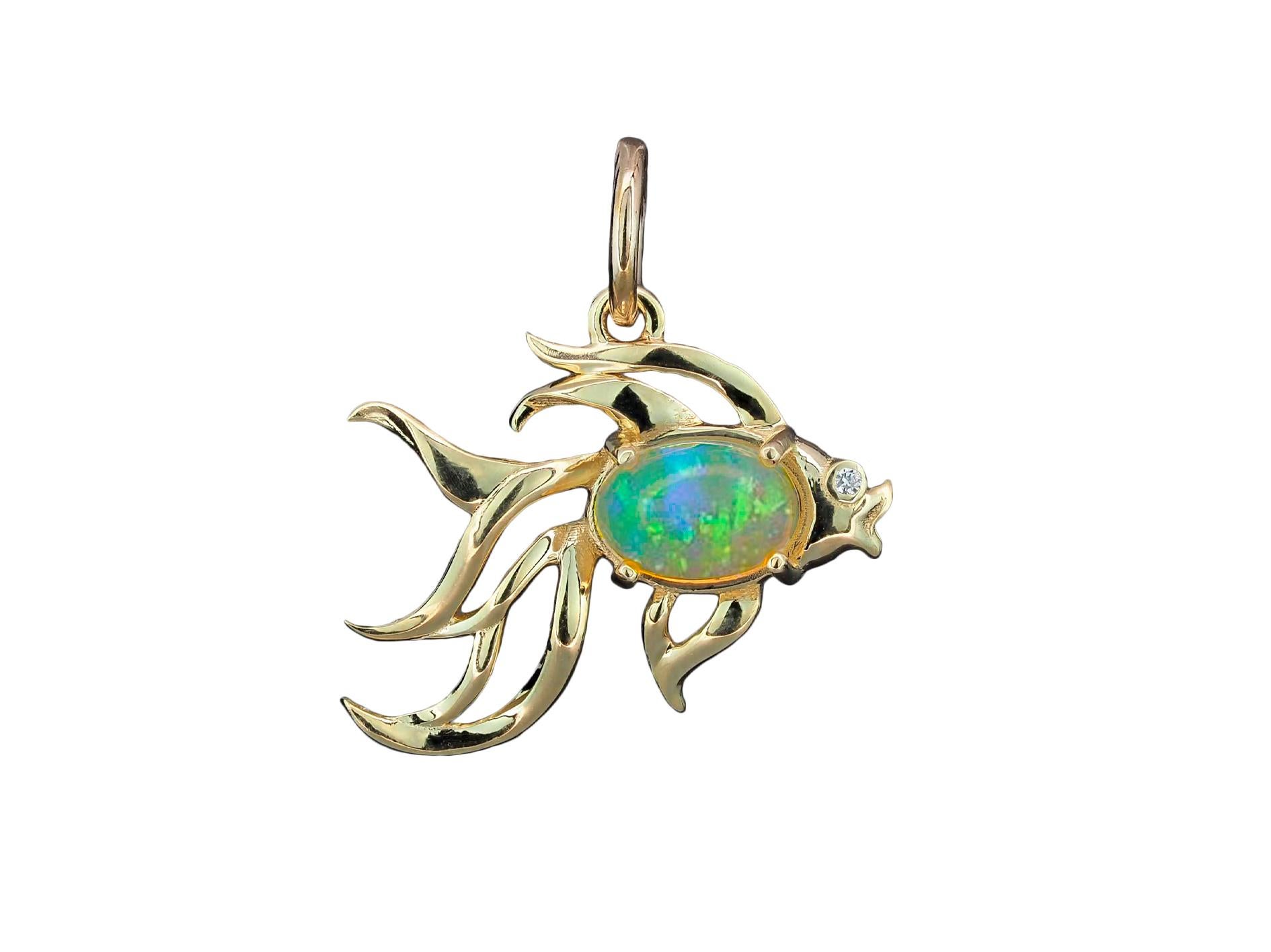 14 Karat Gold-Anhänger mit Fischmuster, Opal und Diamant 10