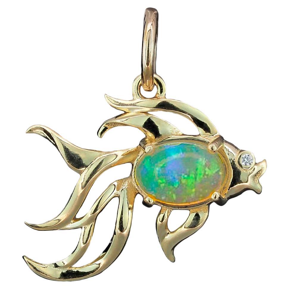 Fish Design 14k Gold Pendant with Opal and Diamond For Sale