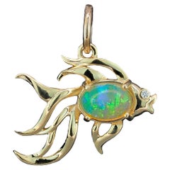 Fish Design 14k Gold Pendant with Opal and Diamond