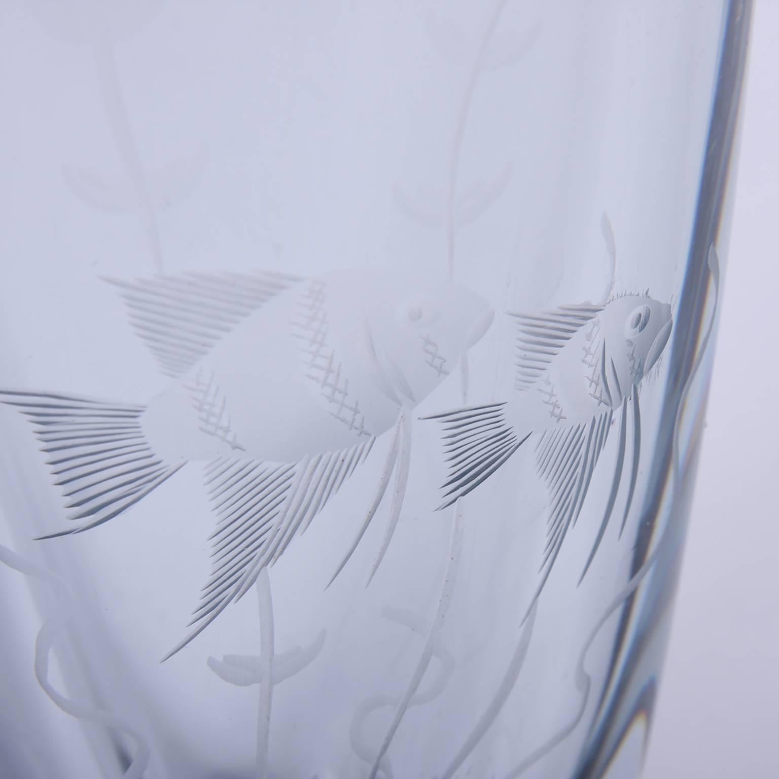 Etched Fish Design Glass Vase, French, 1960s For Sale