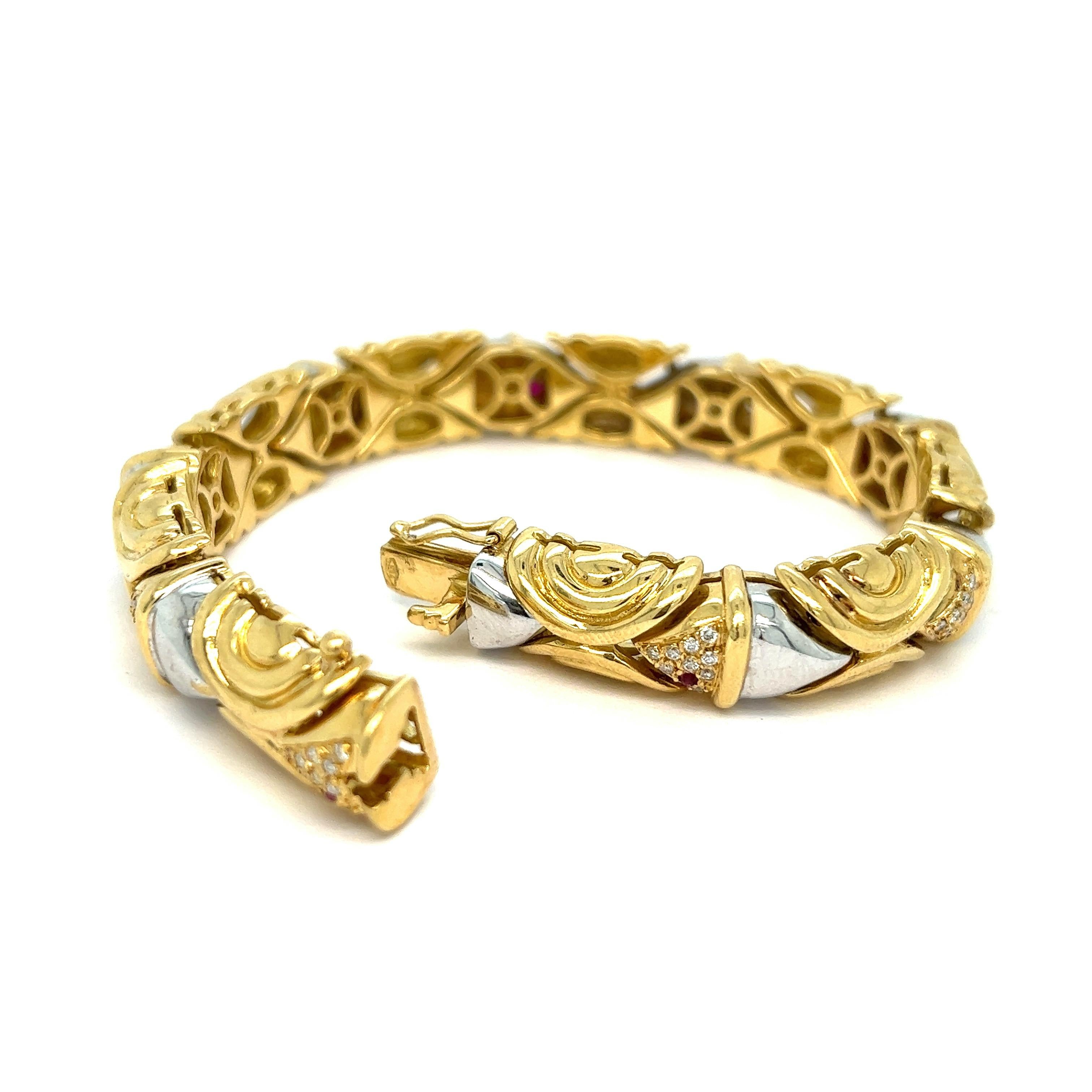 Round Cut Fish Diamond Ruby Two-Tone Gold Bracelet For Sale