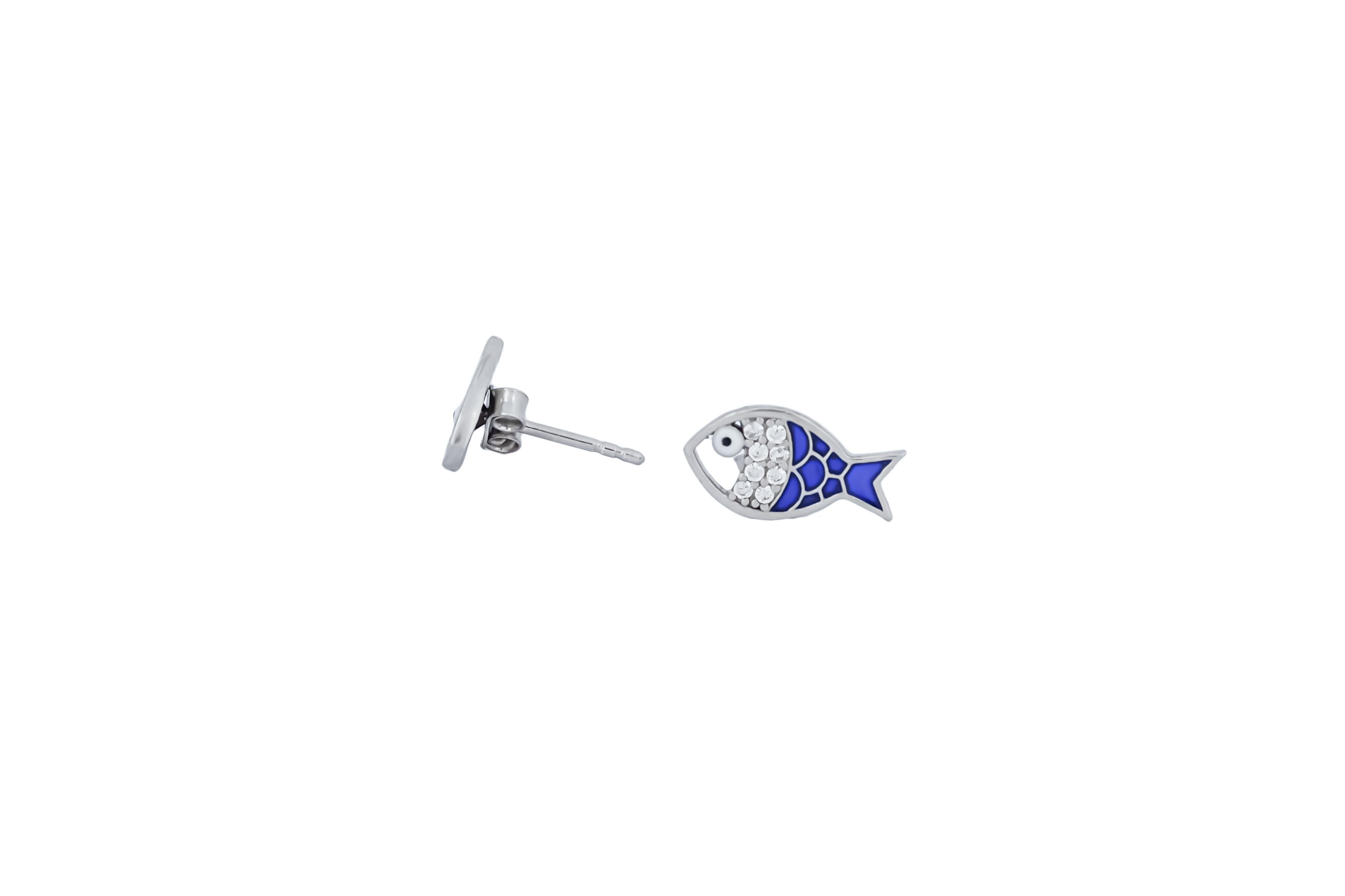 Women's Fish earrings with moissanites and blue enamel in 14k gold. For Sale