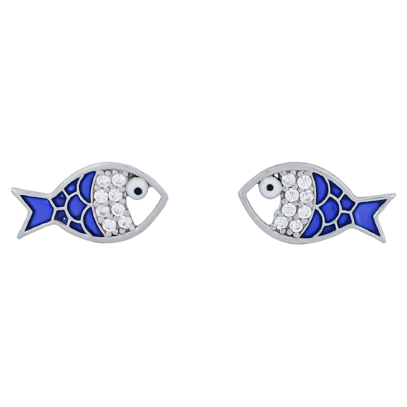 Fish earrings with moissanites and blue enamel in 14k gold. For Sale